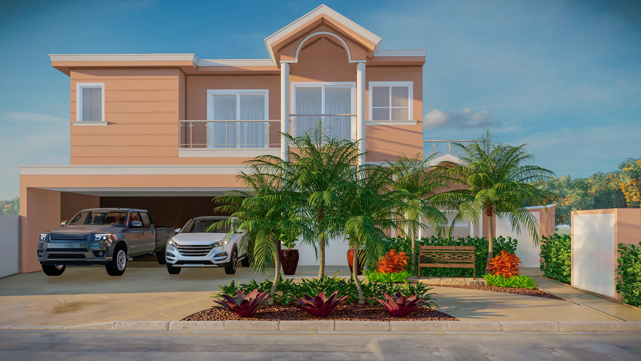 Daytime facade of a two-story house with entrance palms, a red bromeliad bed and two cars in the carport