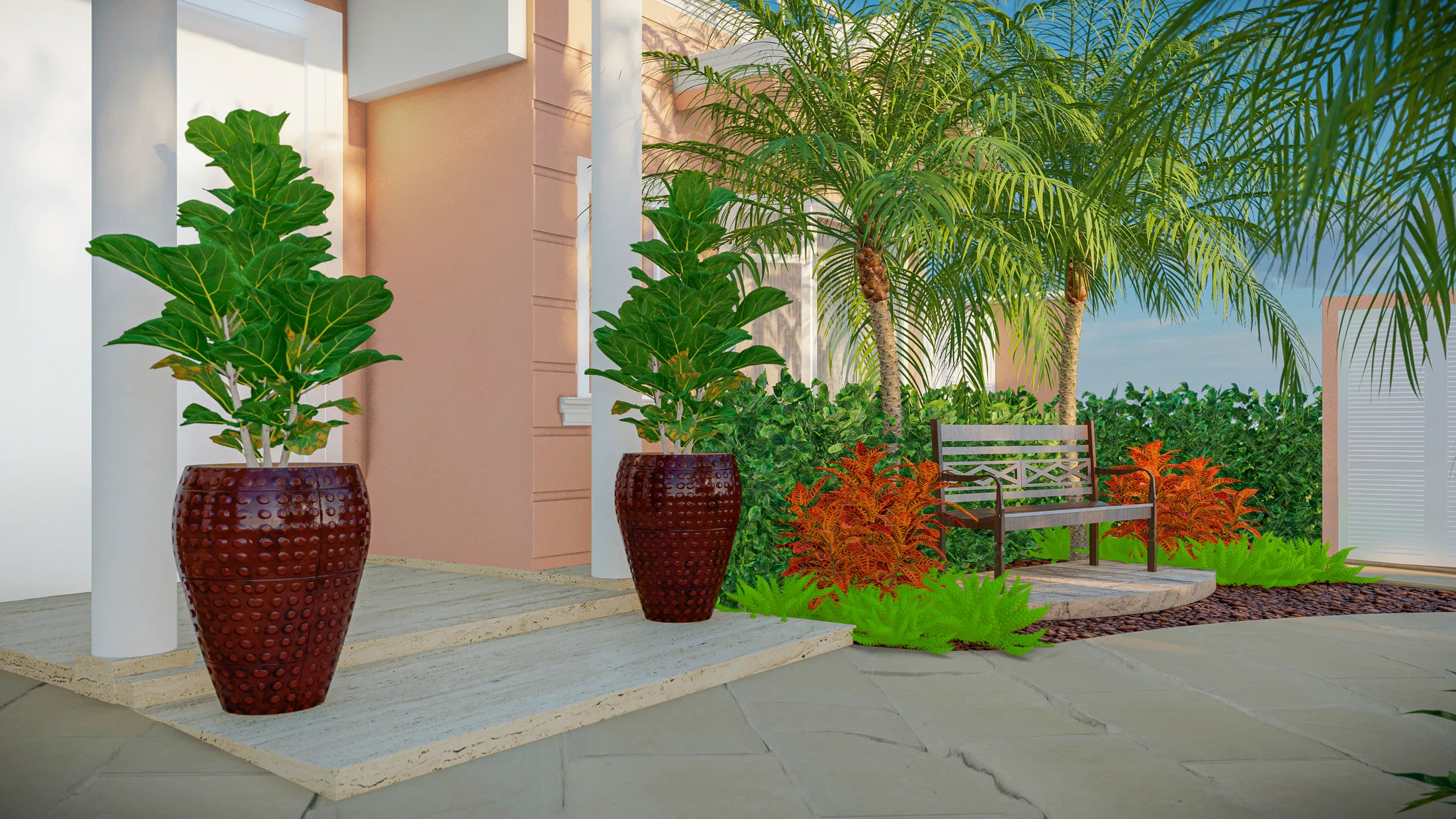 Terracotta ornamental pots with green foliage at the house entrance, beside a wood bench and palm trees