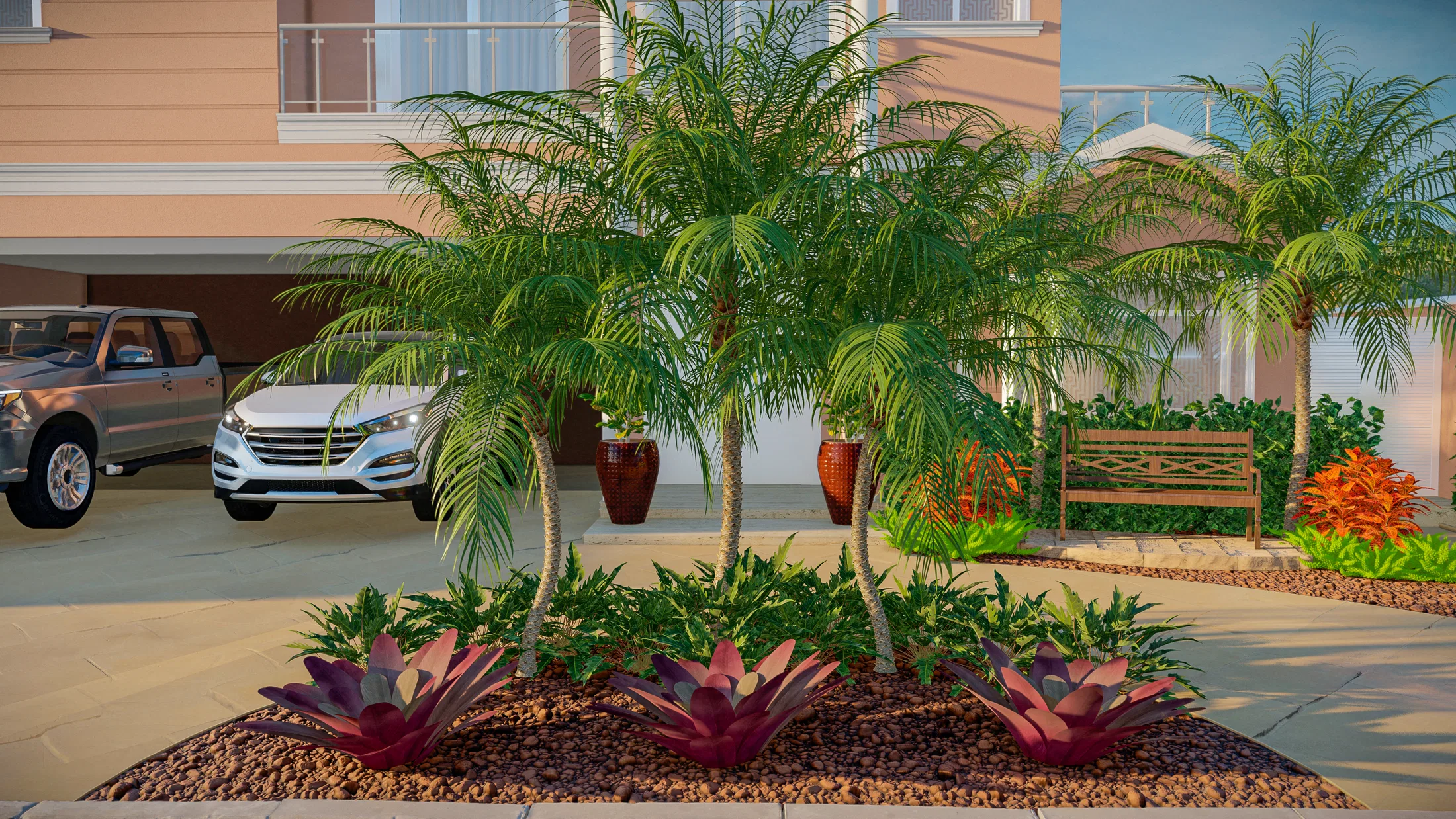 Detail of entrance palm trees with terracotta ornamental pots, a wood bench and a red bromeliad bed
