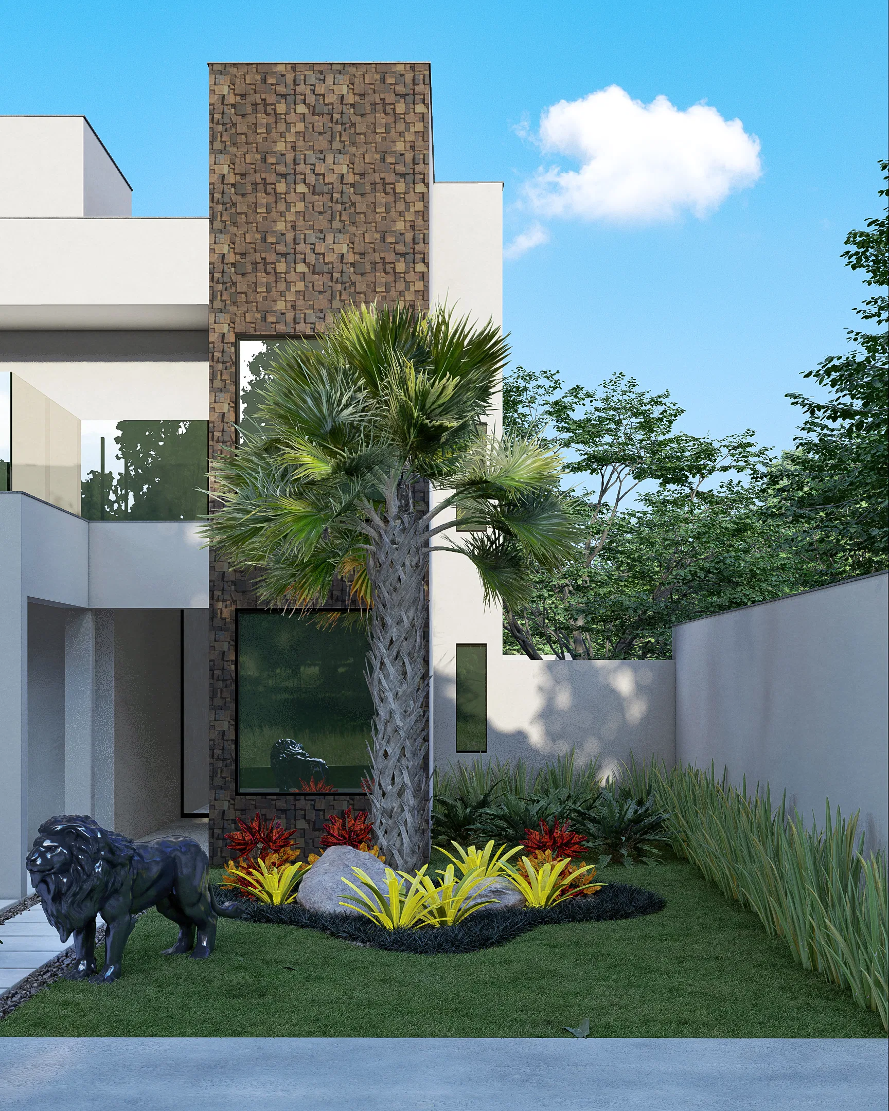 Two-story facade with mosaic cladding, a central palm tree and a colorful planting bed beside the lion sculpture