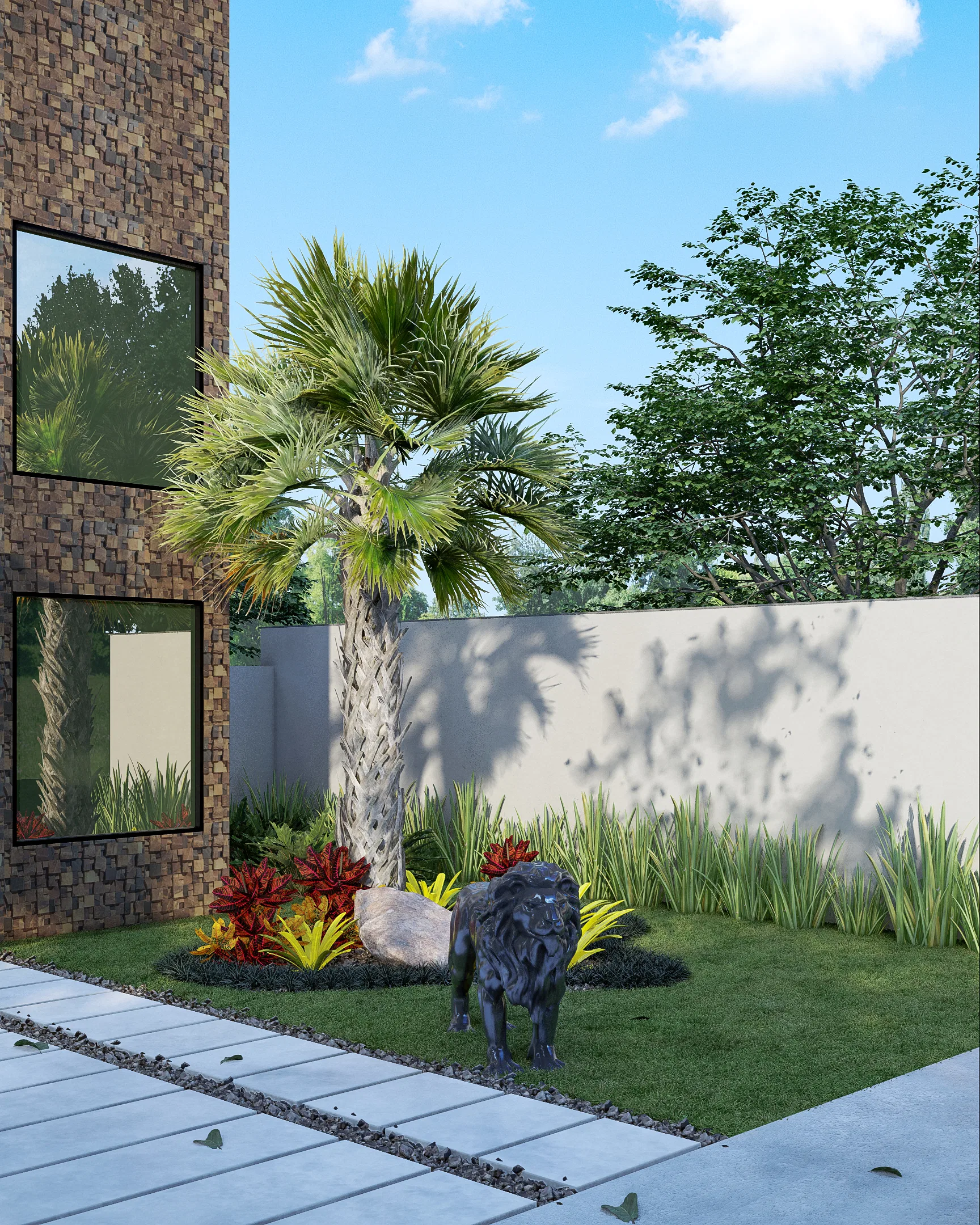 Corner of the entrance garden with a tall palm tree, a lion sculpture and a brown mosaic-clad wall in daylight