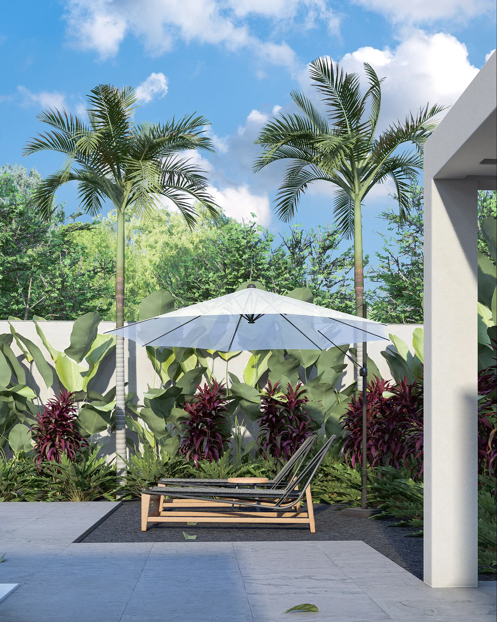 View between two tall palm trees toward the loungers and sun umbrella beside the house