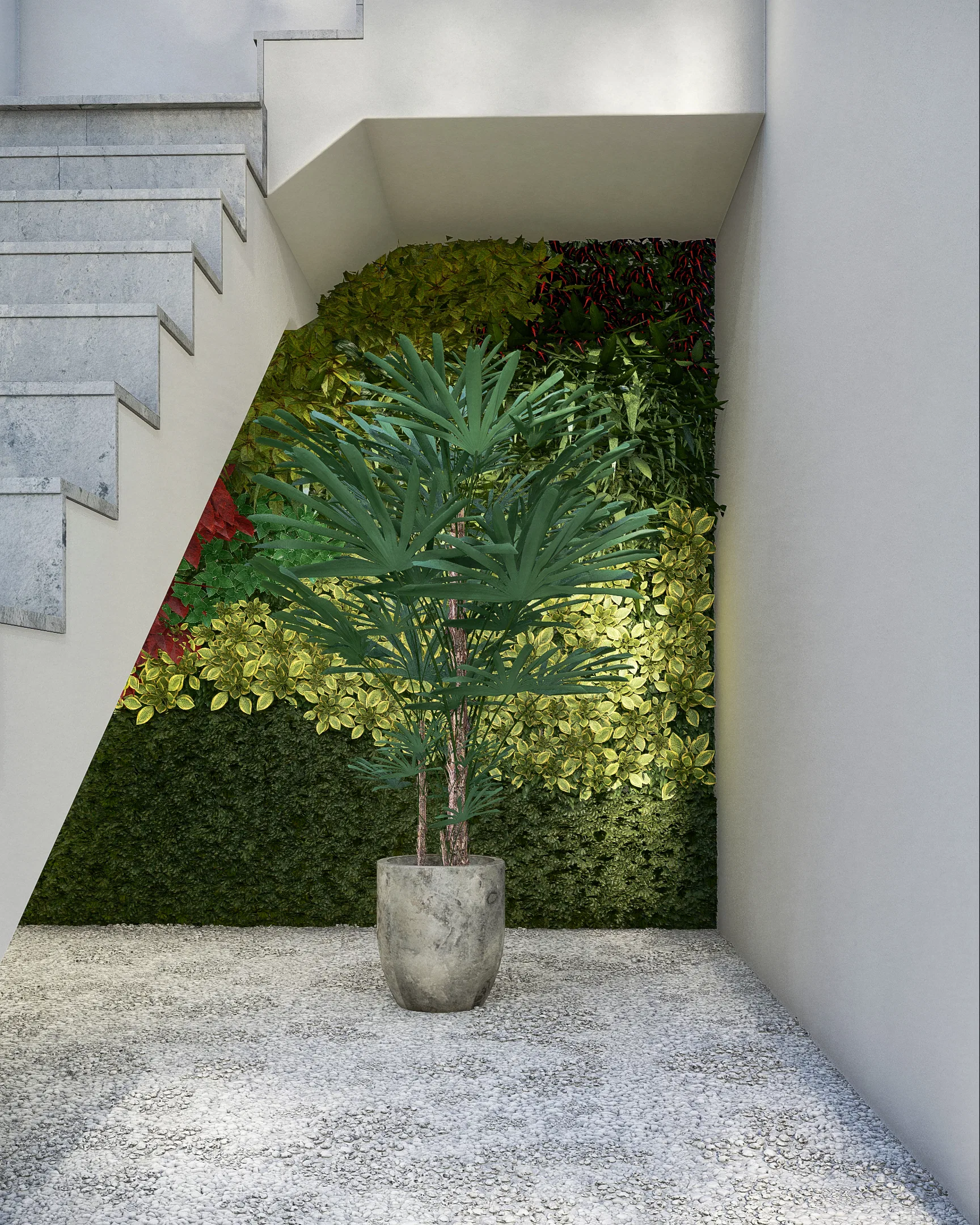 Nook beneath the staircase with a living green wall and a large planter holding a palm, lit by a recessed spotlight