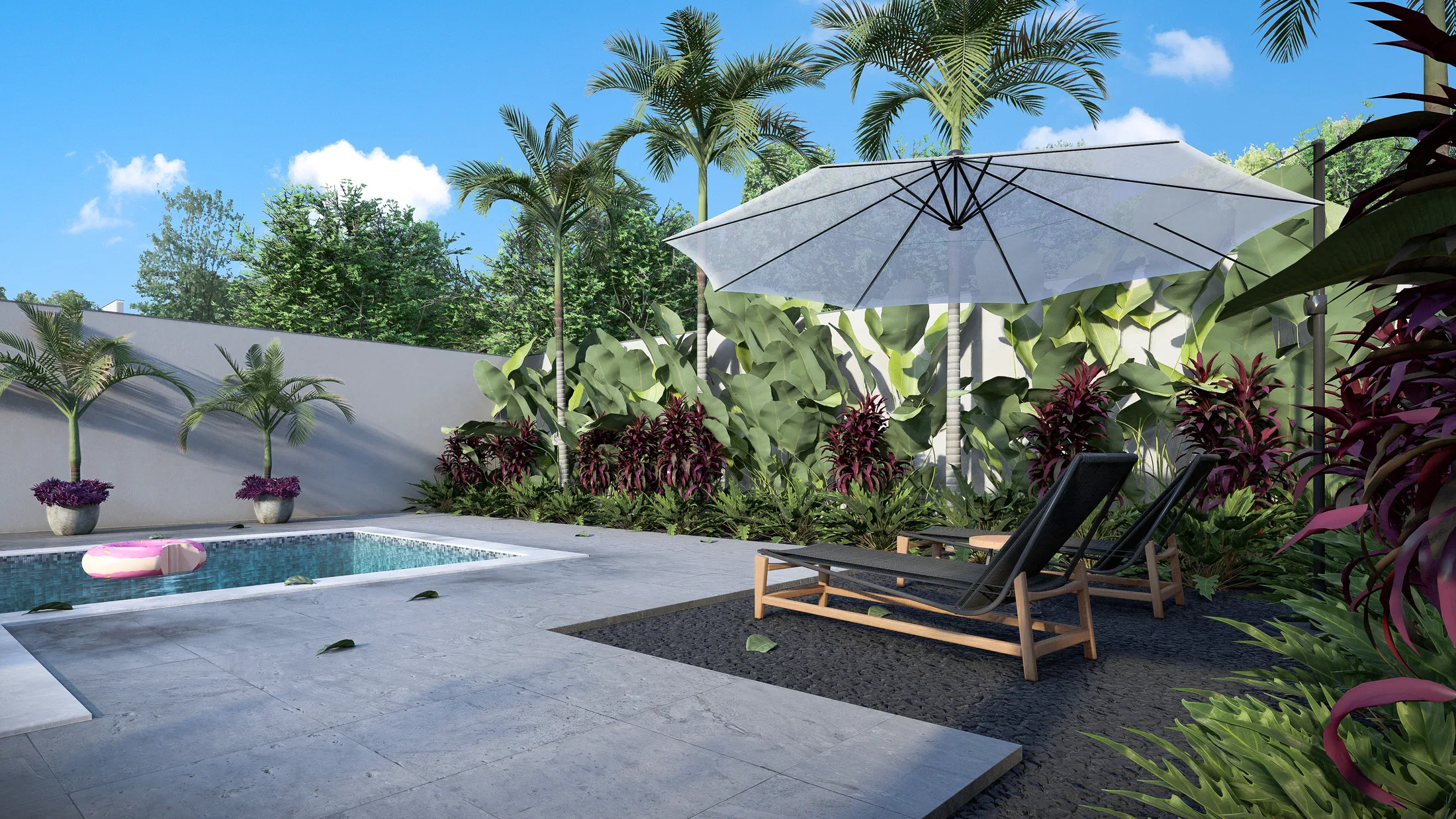 Loungers under a sun umbrella at the pool's edge, with potted palms and a pink float in the water
