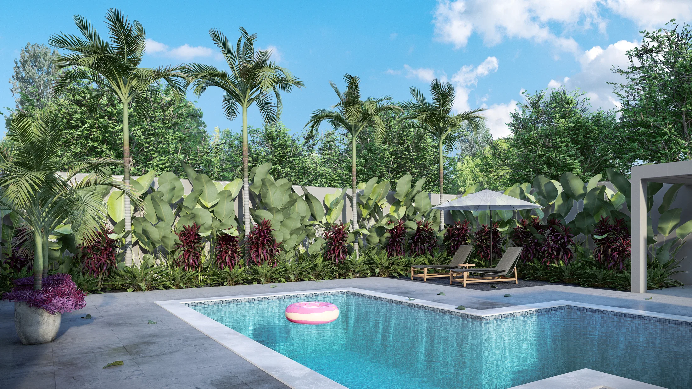 Pool area framed by tall palm trees and wine-leaved shrubs along the back wall