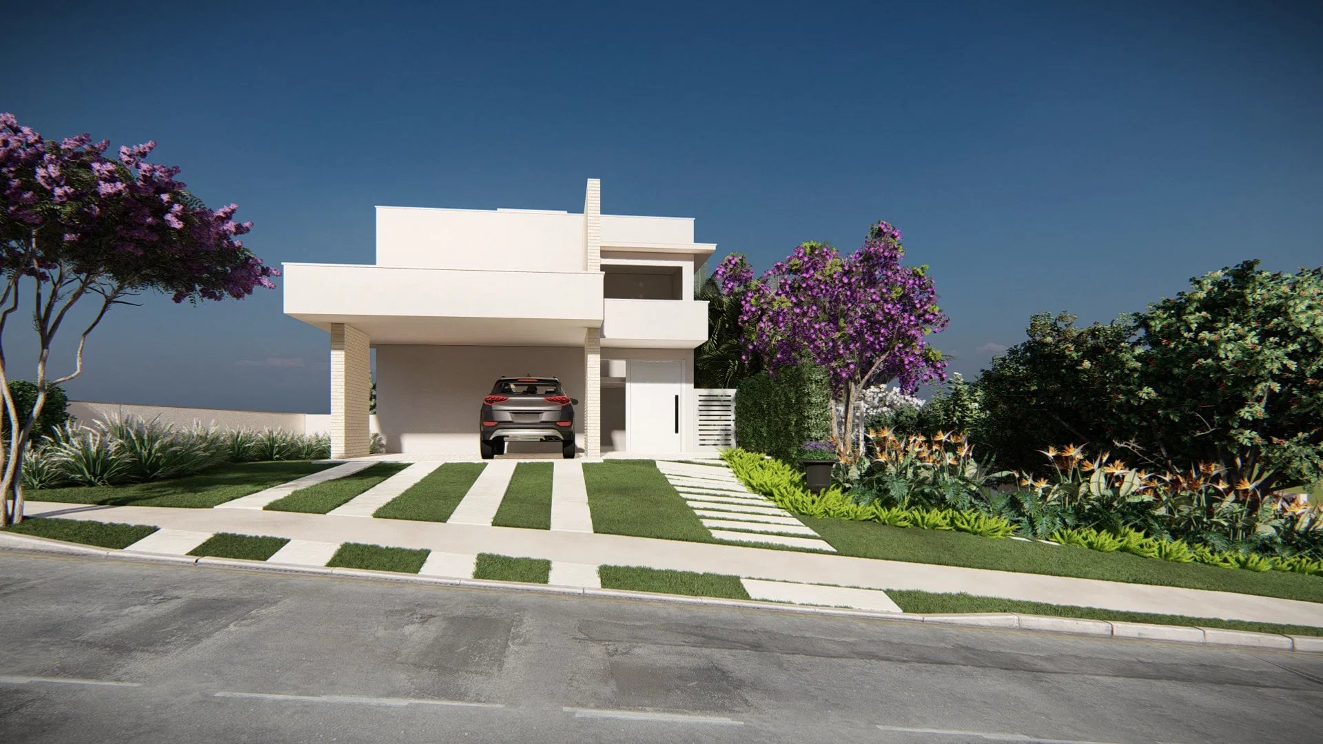 Architectural visualization of Residence with Purple Tibouchina, Yellow Ipê and Timber-Trellis Vertical Garden — GRON 3D