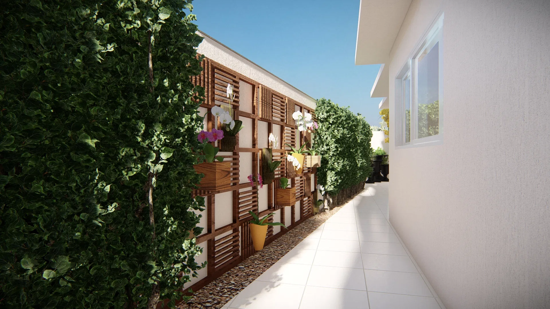 Architectural visualization of Residence with Purple Tibouchina, Yellow Ipê and Timber-Trellis Vertical Garden — GRON 3D