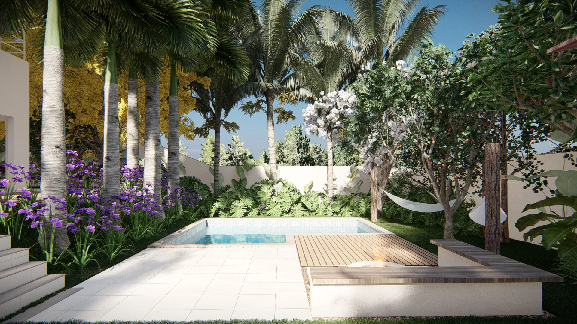 Architectural visualization of Residence with Purple Tibouchina, Yellow Ipê and Timber-Trellis Vertical Garden — GRON 3D