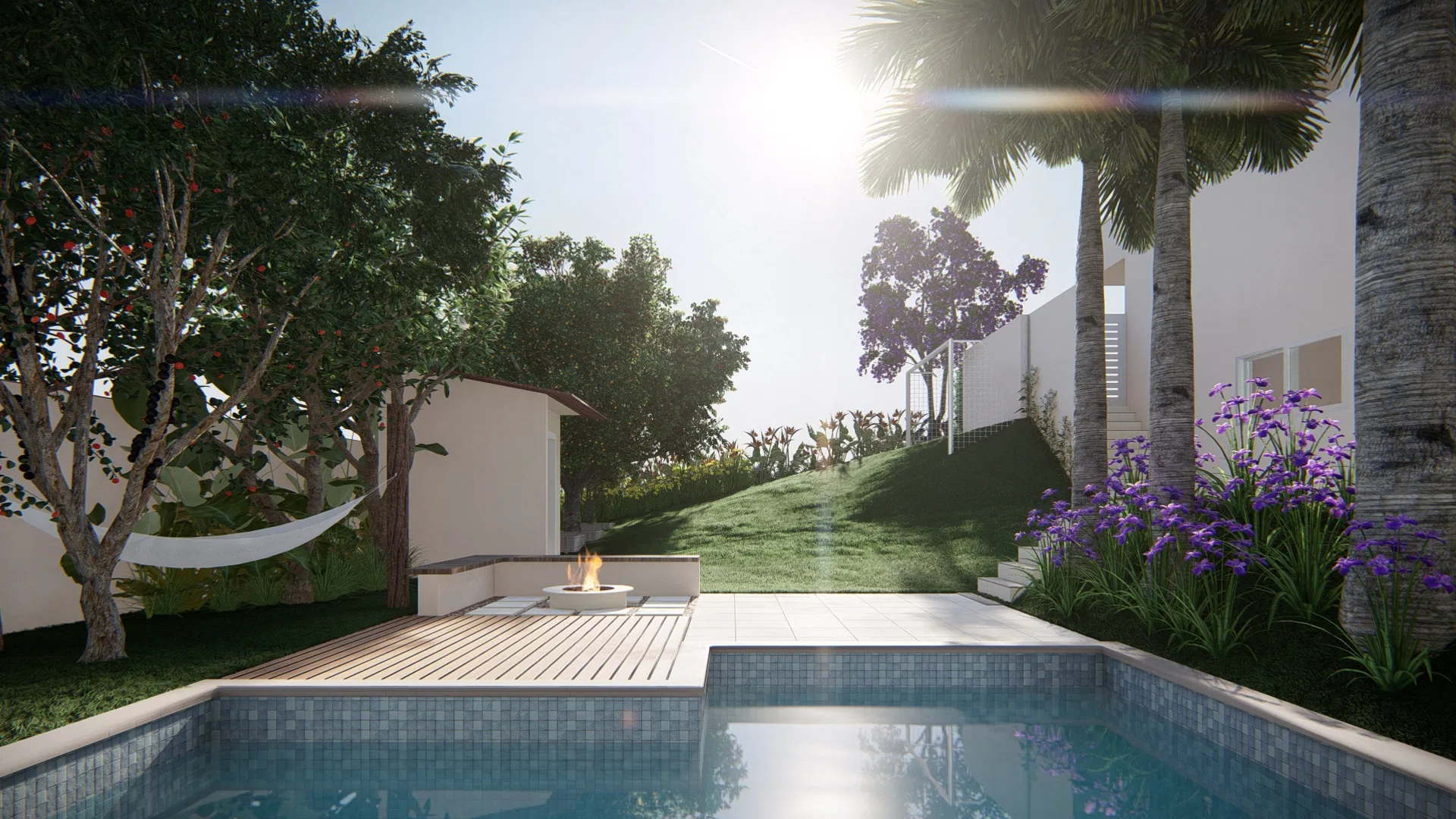 Architectural visualization of Residence with Purple Tibouchina, Yellow Ipê and Timber-Trellis Vertical Garden — GRON 3D