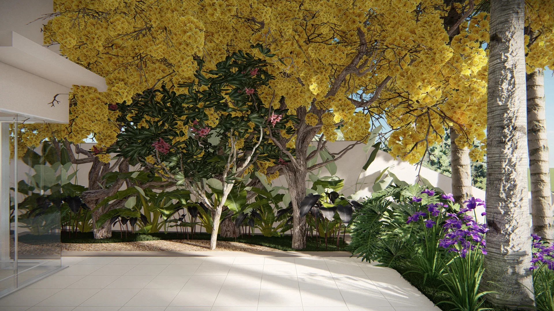 Architectural visualization of Residence with Purple Tibouchina, Yellow Ipê and Timber-Trellis Vertical Garden — GRON 3D