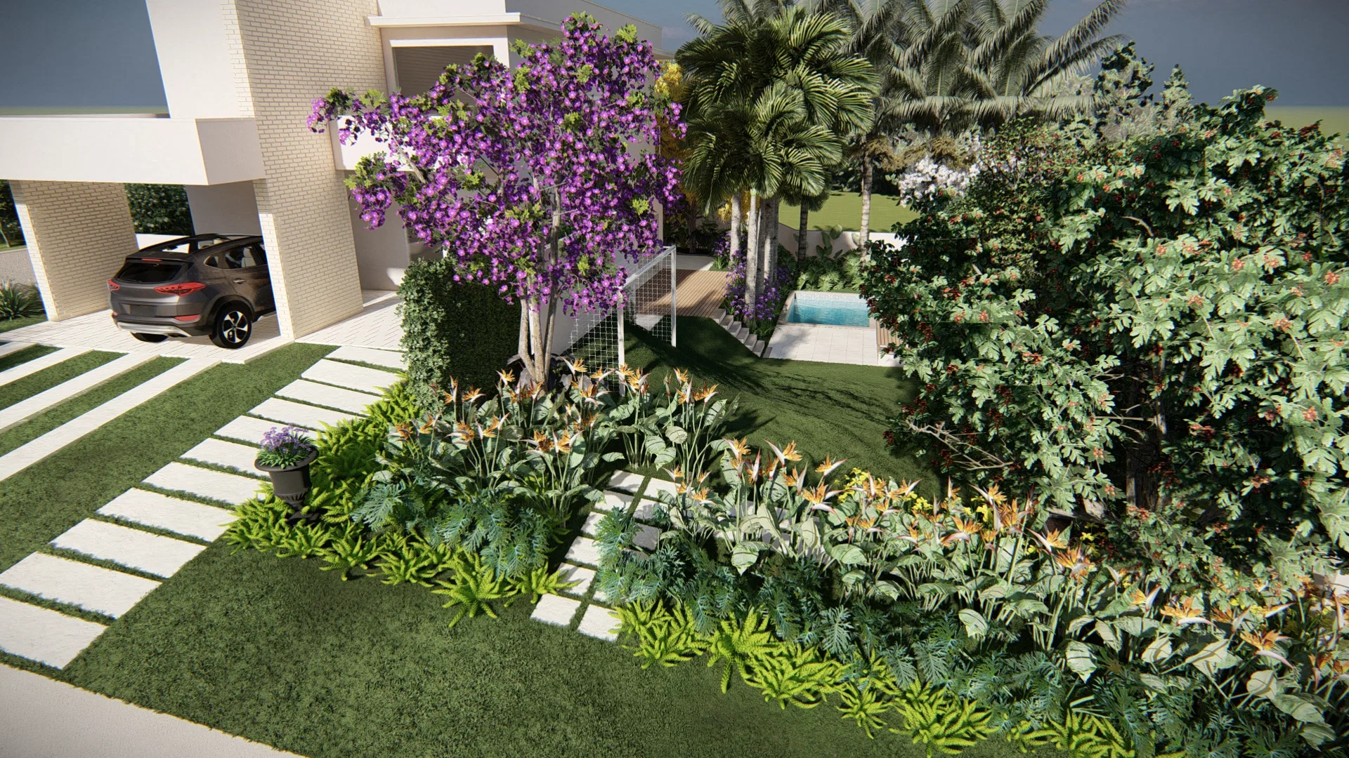 Architectural visualization of Residence with Purple Tibouchina, Yellow Ipê and Timber-Trellis Vertical Garden — GRON 3D