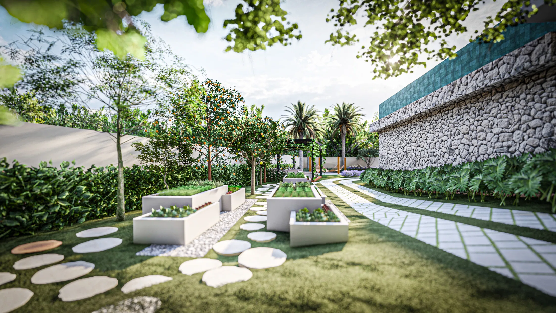 Geometric garden with white raised planters, circular steppers set in the lawn and a slab path beside a stone-clad wall.