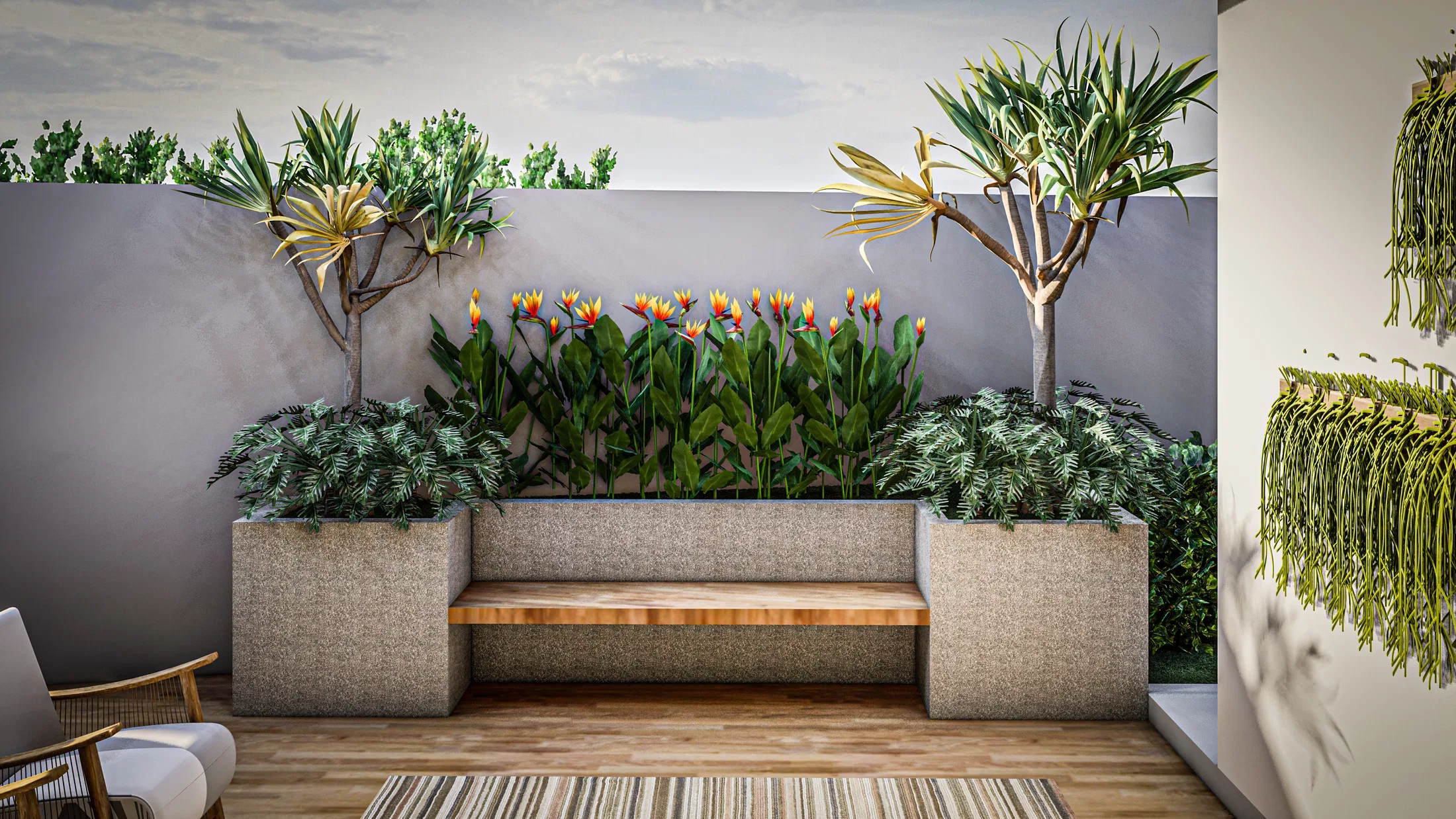 Patio corner with a built-in wood bench between textured planters, dracaenas, blooming strelitzias and a striped rug on wood flooring.