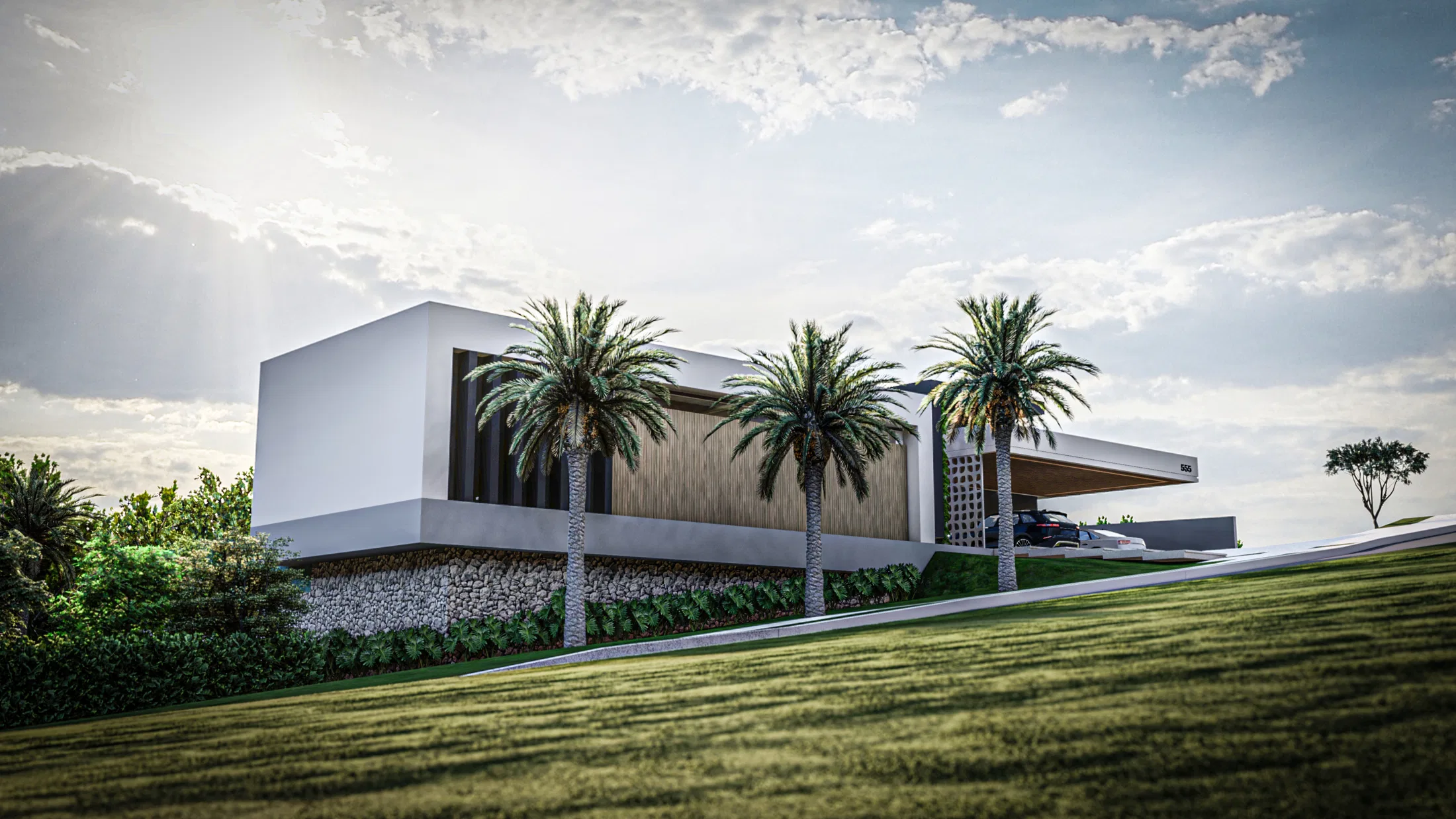 White volume raised on a stone base, framed by three palms and a wood-slat panel, above a broad sloping lawn.