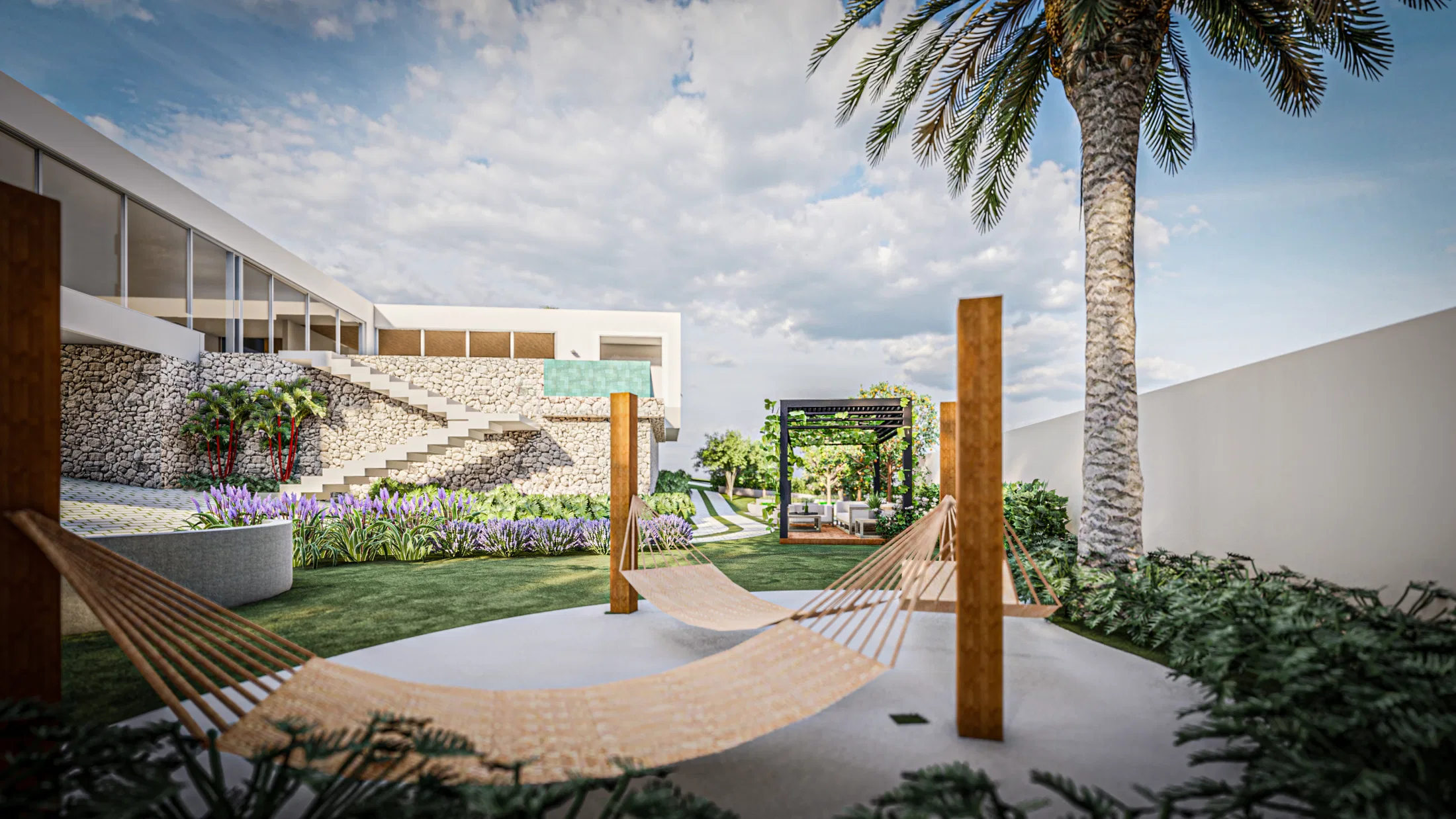 Woven hammock slung between corten-steel panels under a palm, with stone steps, purple flower beds and a pergola beyond.
