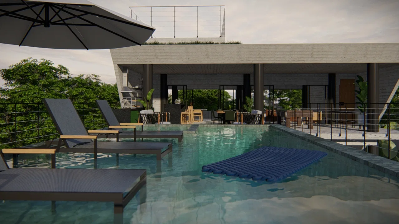 Rooftop pool terrace under a concrete pergola, with lounge chairs, a sun umbrella and a floating buoy on the water at dusk