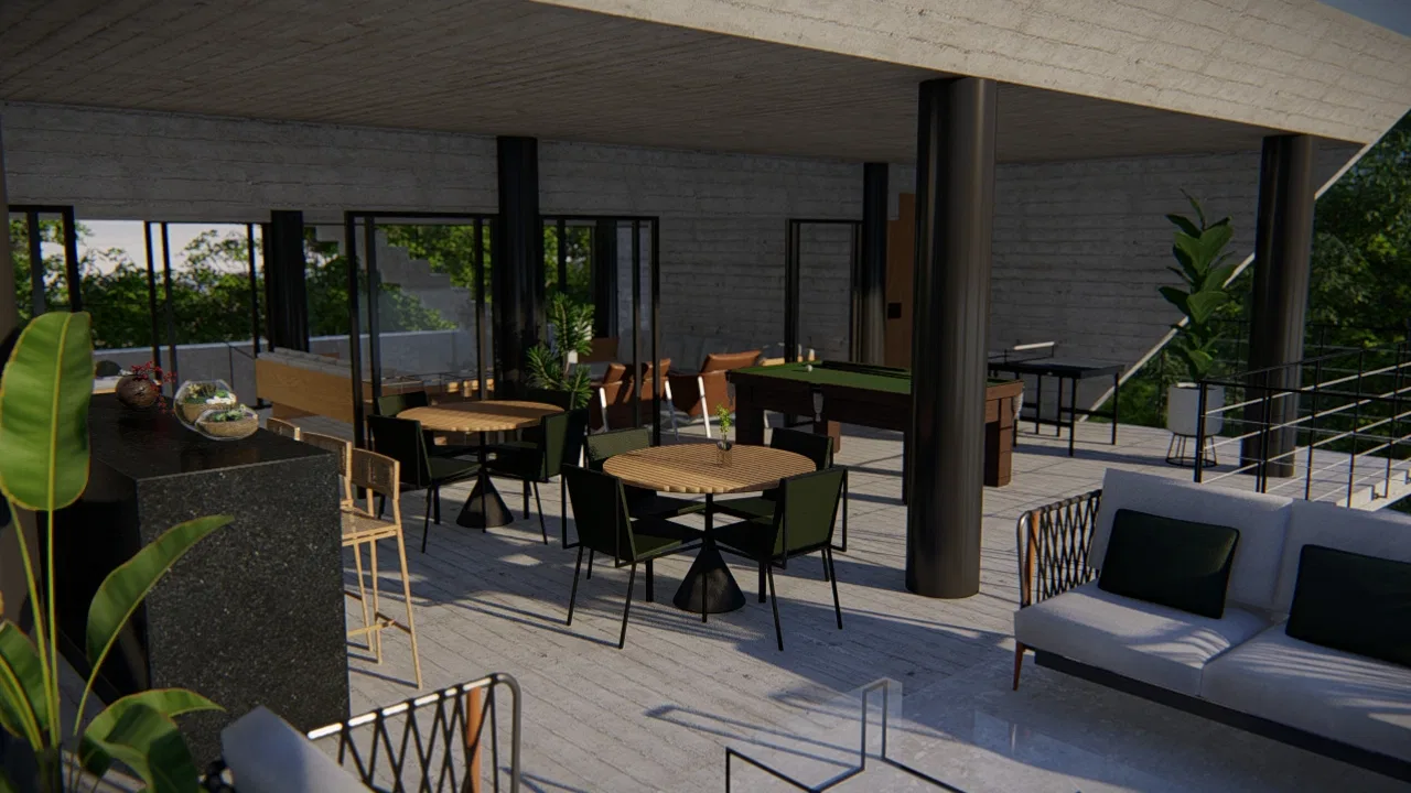 Covered outdoor living area with dining tables and sofas under a concrete slab on structural columns, tropical plants around it
