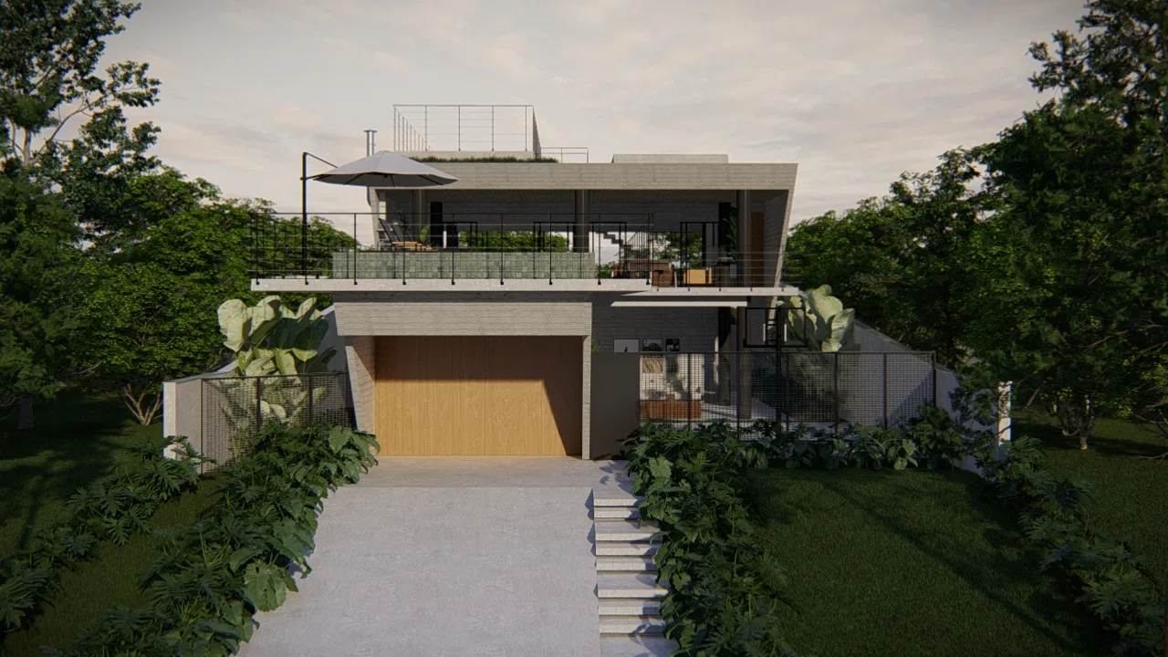 Front facade of the residence in concrete and masonry, with a wood garage door and the rooftop terrace visible above