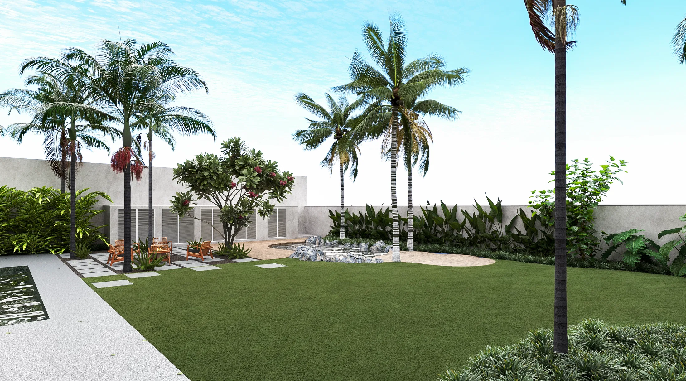 Wide lawn with coconut palms, a flowering frangipani, a round rock-edged water feature, wooden armchairs and light boundary walls