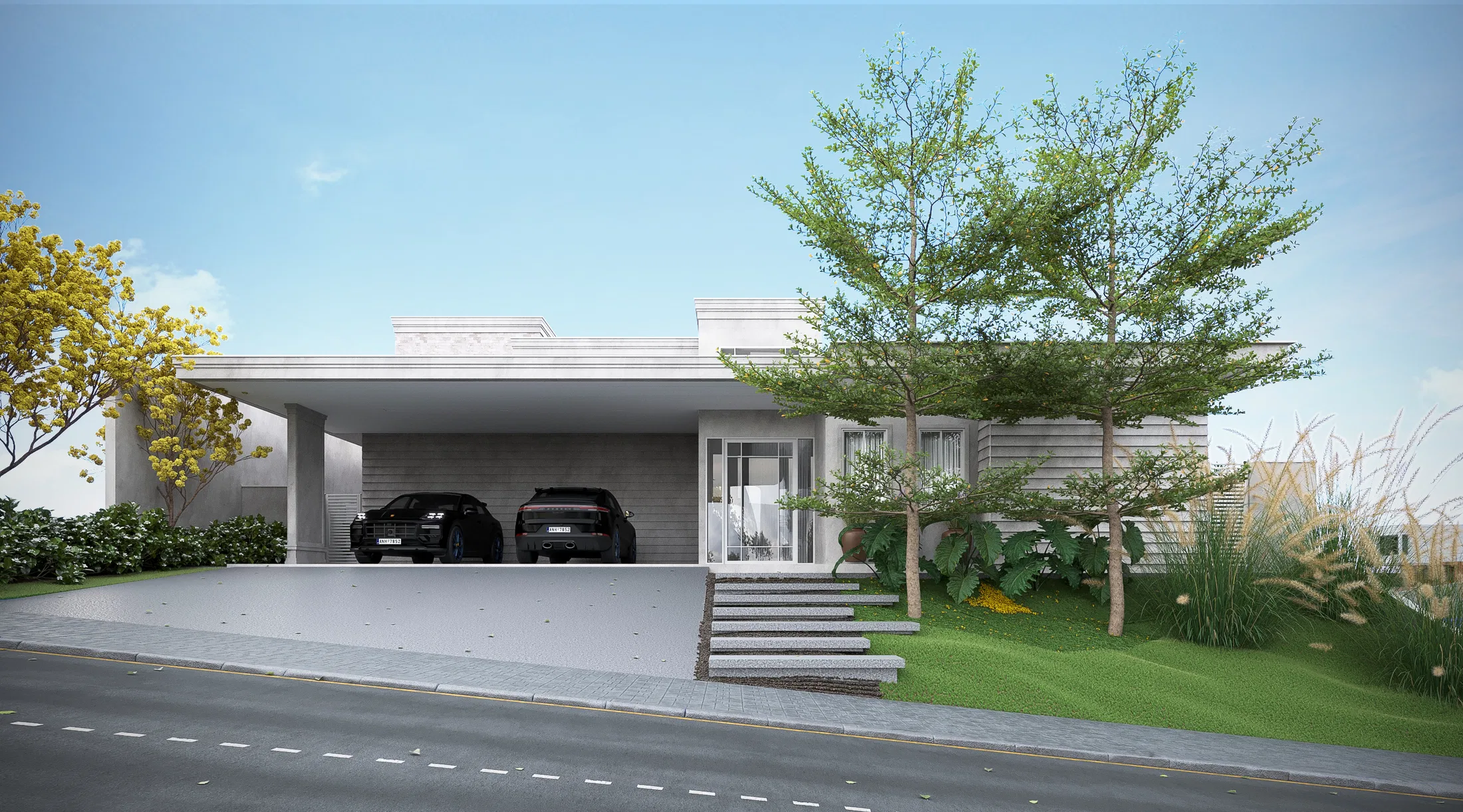Contemporary single-story facade with a two-car carport, a stepped entry over grass, ornamental grasses and a light-canopy tree