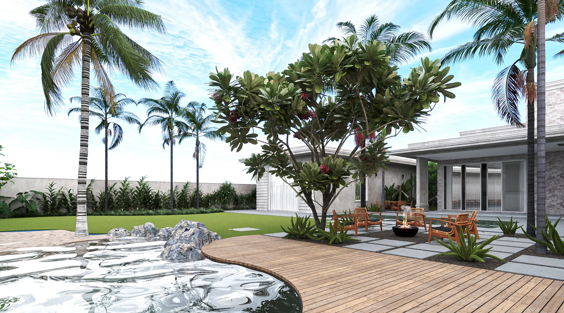 Pool with a natural rock edge beside a curved wooden deck, coconut palms, a frangipani and the glazed single-story house behind