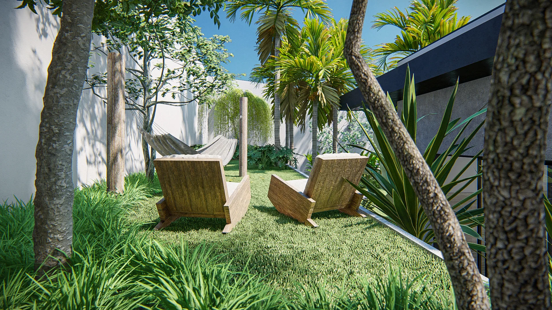 Architectural visualization of Landscaping with White Stairway, Side Pool and Fire-Pit Lounge — GRON 3D