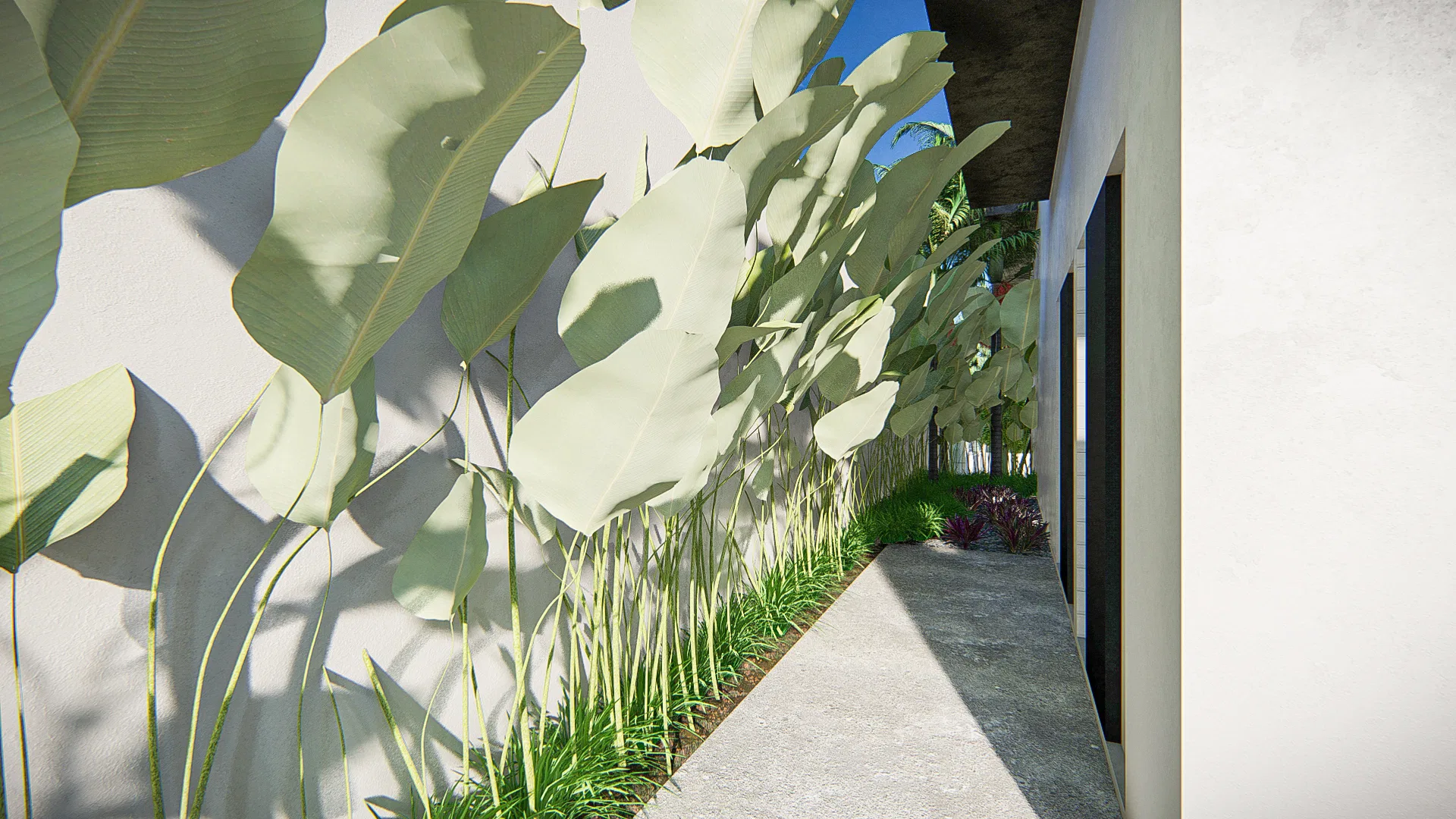 Architectural visualization of Landscaping with White Stairway, Side Pool and Fire-Pit Lounge — GRON 3D