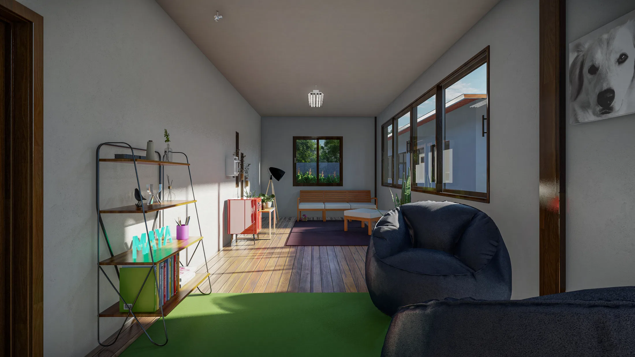 Bright living room with a green rug, a metal shelf holding plants and books, a dark bean bag and windows facing the garden.