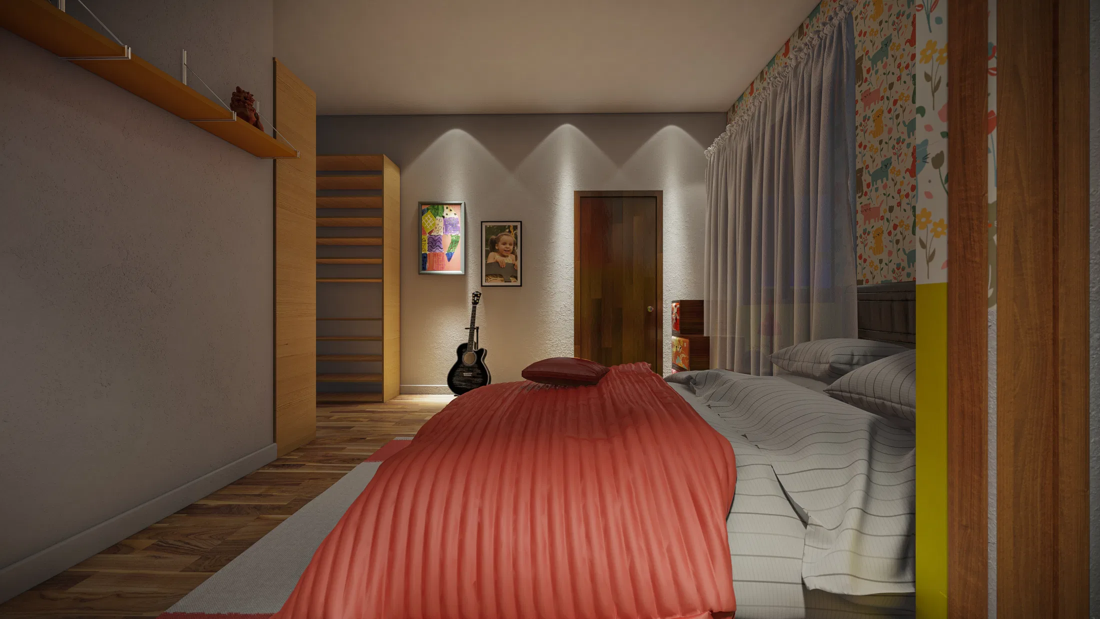 Bedroom with warm lighting, a coral bedspread over the bed, a wooden floor, a wardrobe and a guitar leaning against the wall.