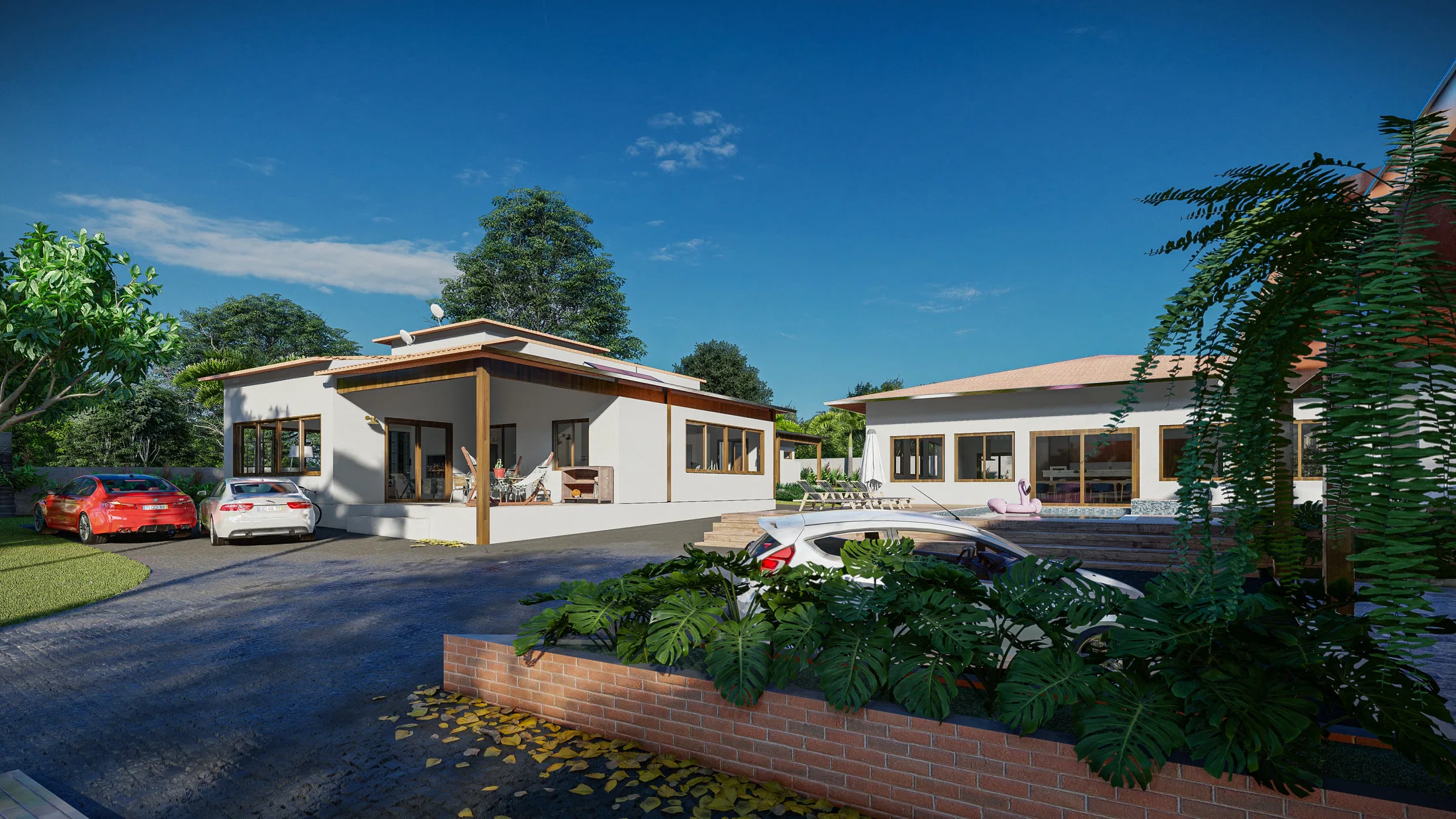 Entrance courtyard with parked cars, a raised planter of tropical foliage and the single-storey pitched-roof house behind.