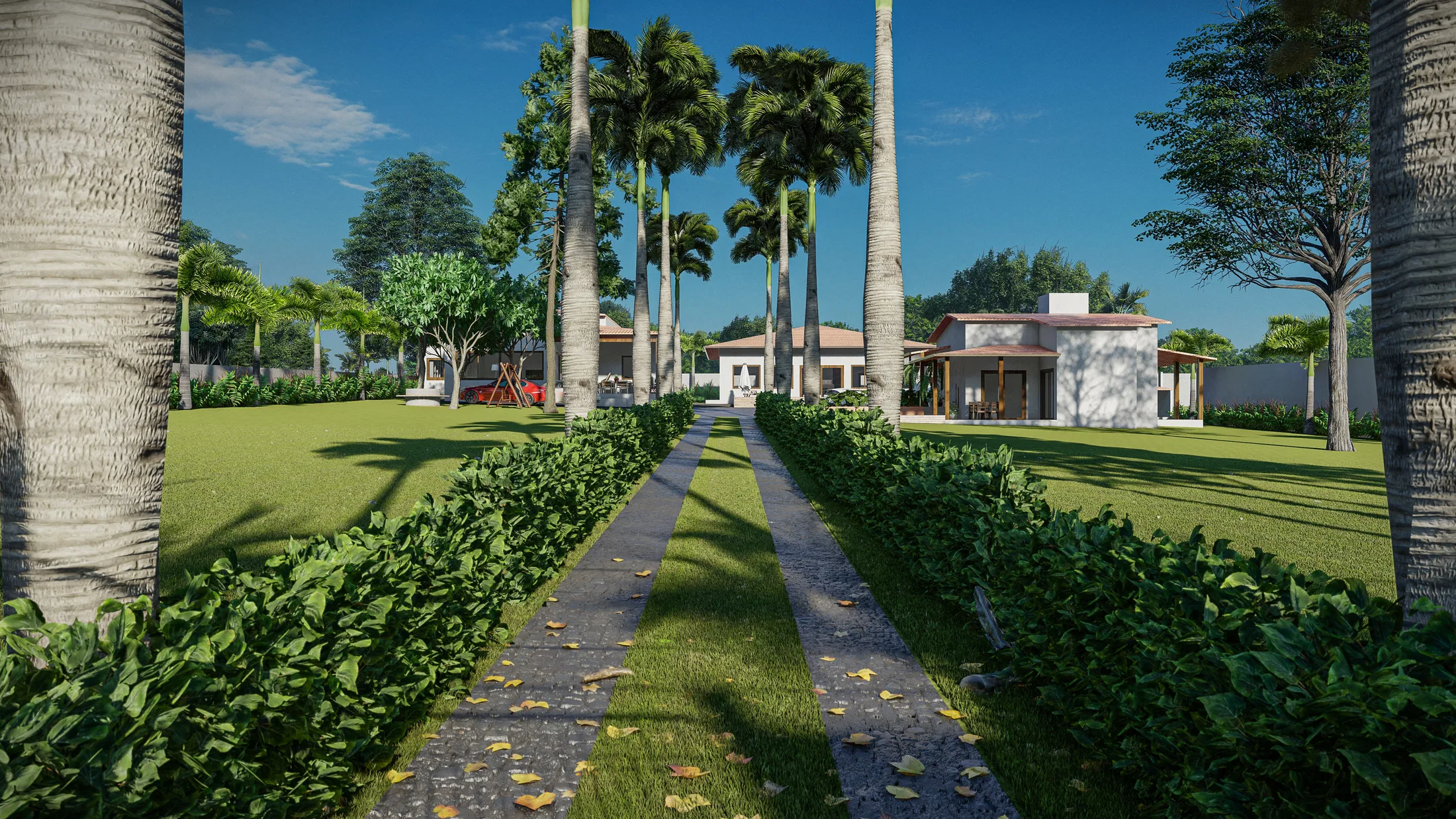 Symmetrical path flanked by low hedges and tall palms, crossing a broad lawn toward the house in the distance.