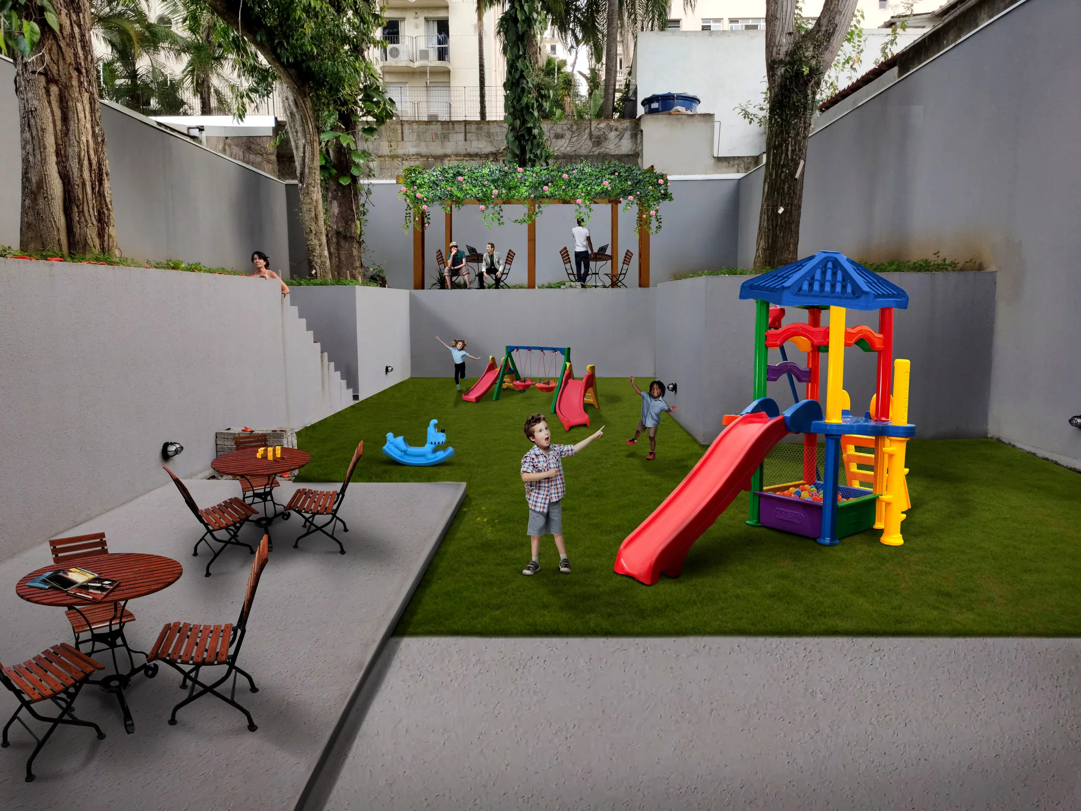 Inner courtyard with a strip of synthetic turf, a colourful play set with slide, bistro tables and a flowering pergola between tall walls and trees