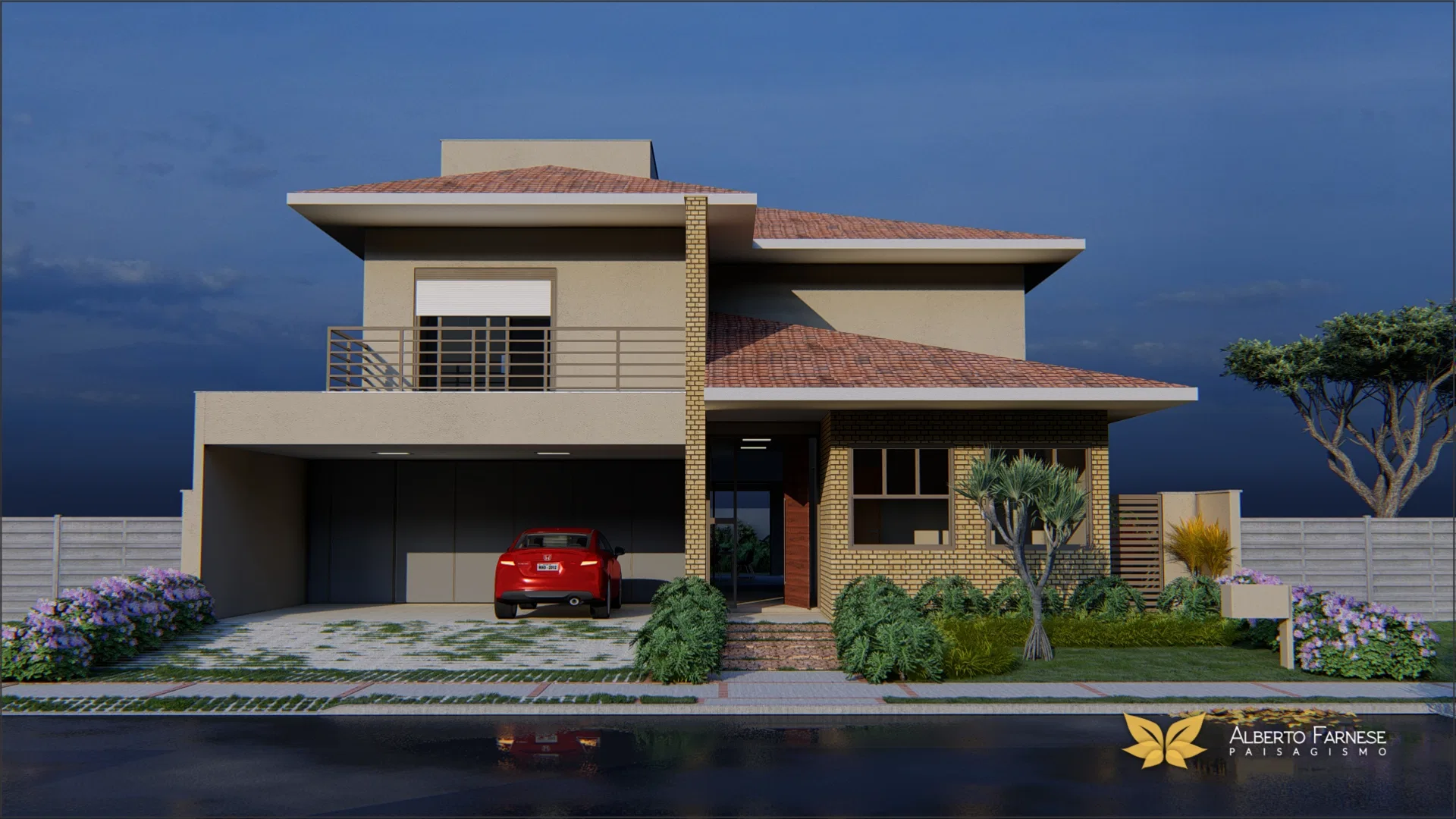 Night-time facade of a two-story house in neutral tones, with a covered garage, a red car and a lavender-filled front garden