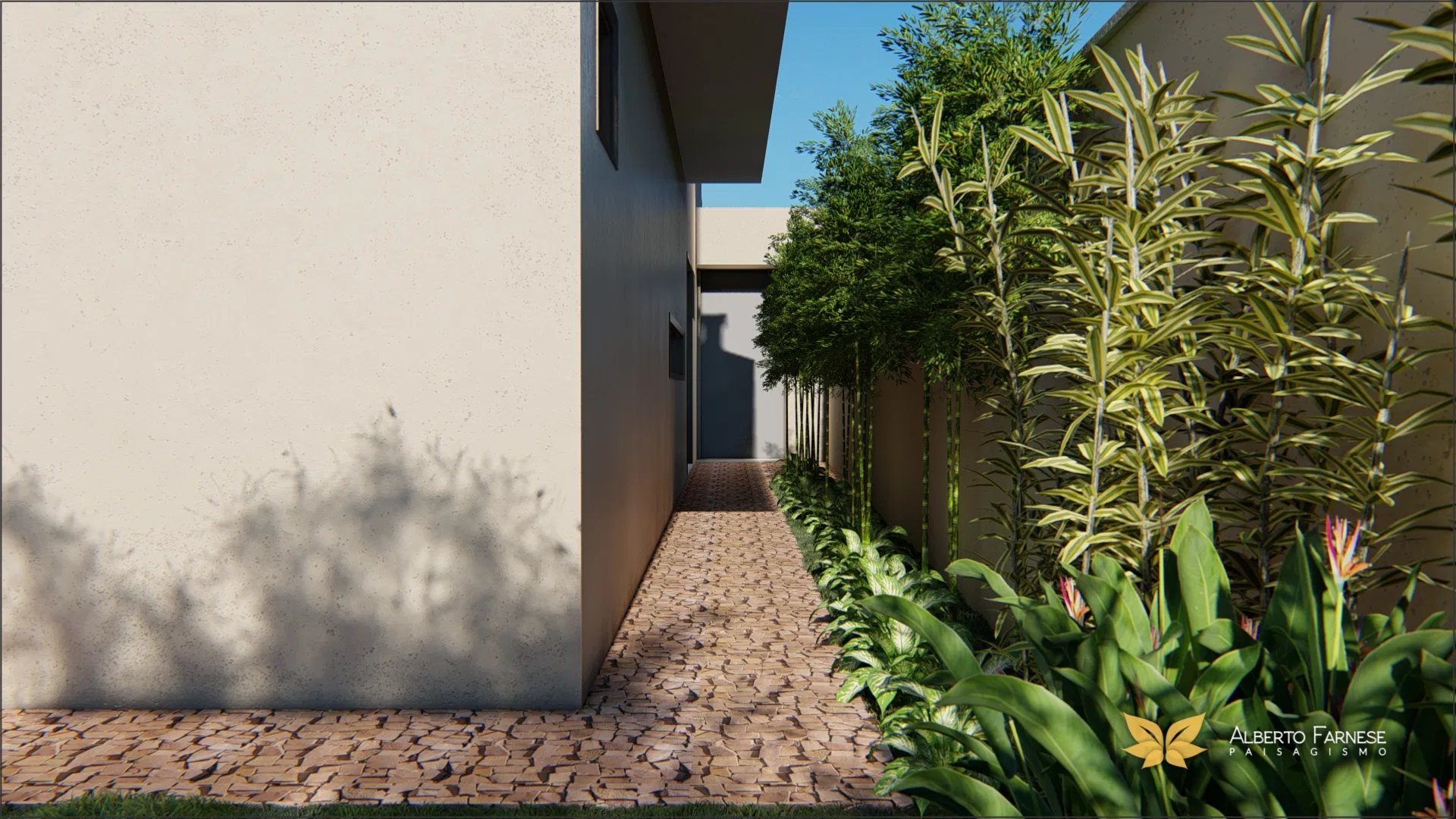 Narrow stone-paved side passage, with a bamboo hedge and tropical vegetation against the facade