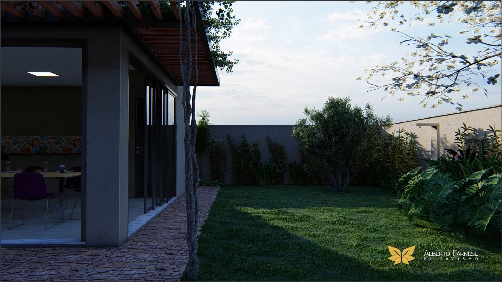Timber pergola-covered veranda integrated with the back garden, with a living room visible through a glazed opening