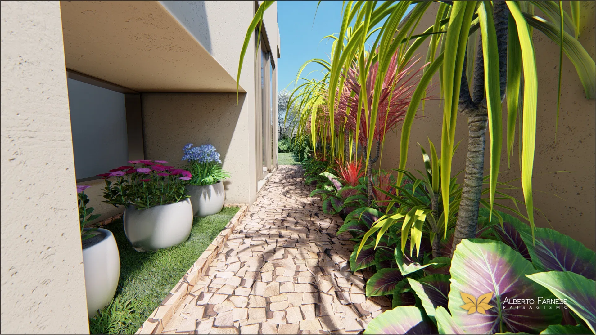 Portuguese-stone side path lined by planters of colorful foliage against the residence wall