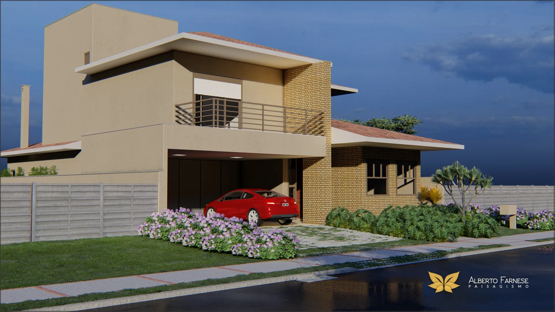 Side view of the house's night-time facade, with a covered garage, a red car and a flowering bed along the wall
