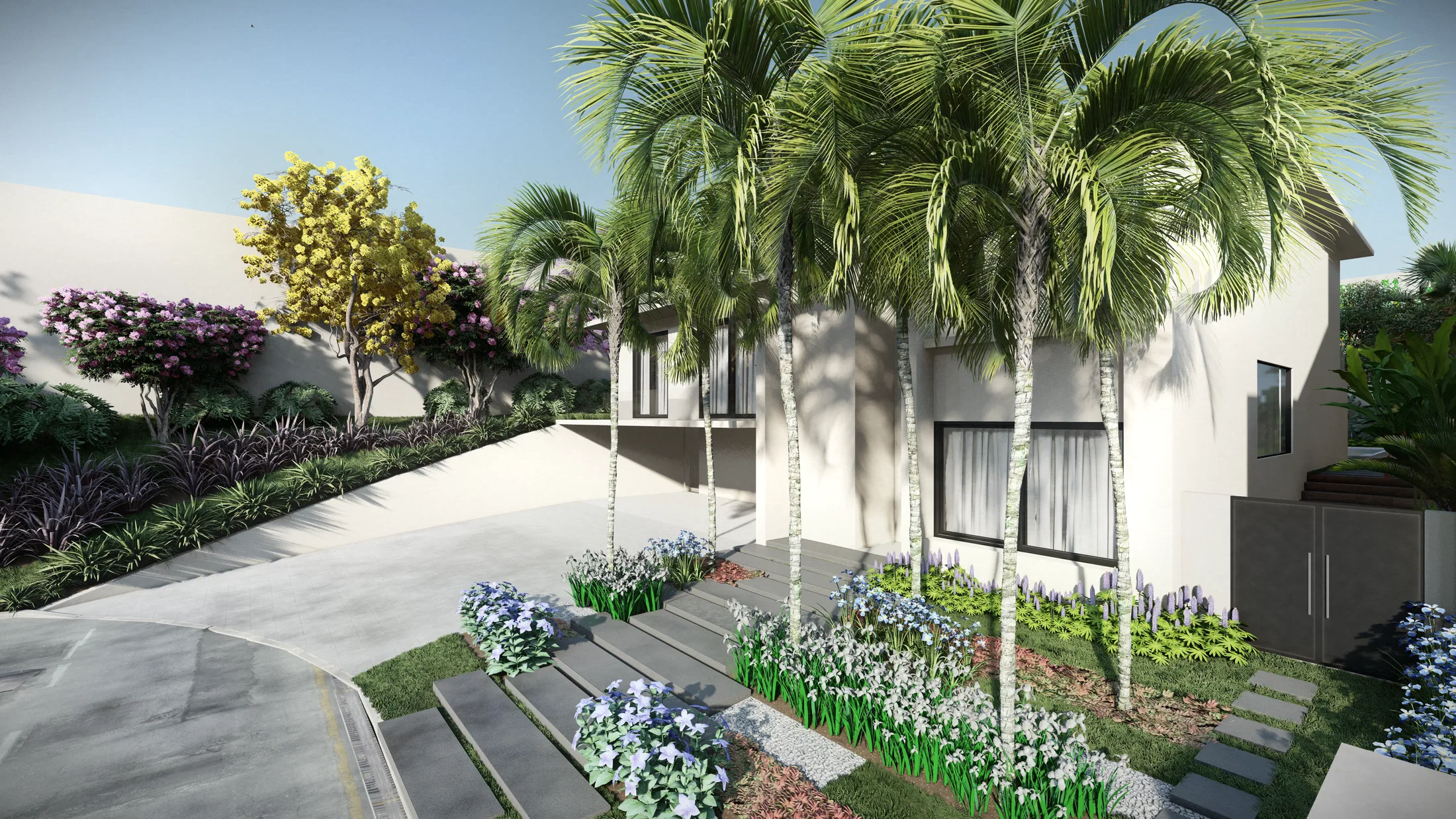 Entrance driveway with stone steps between flowering beds, tall palms and white ground cover along the path
