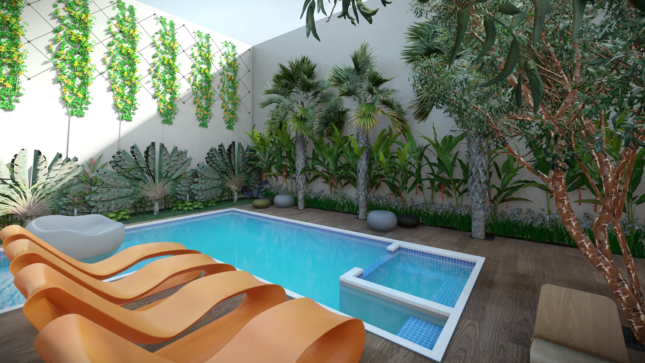 Enclosed pool courtyard with a trellis vertical garden, palms and orange loungers on the wood deck