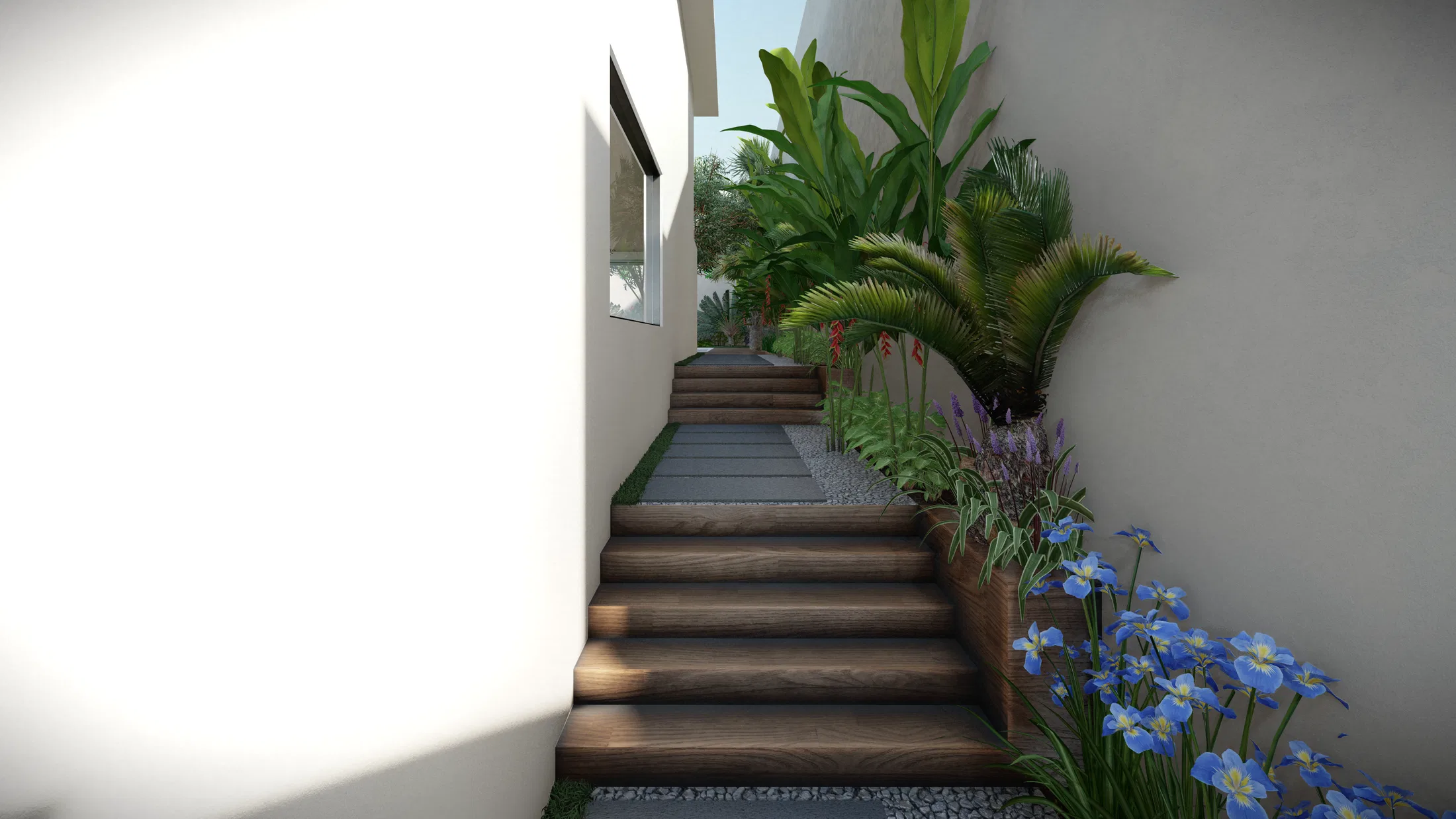Wooden side staircase between light walls, with tropical foliage planters and red flowers beside the steps