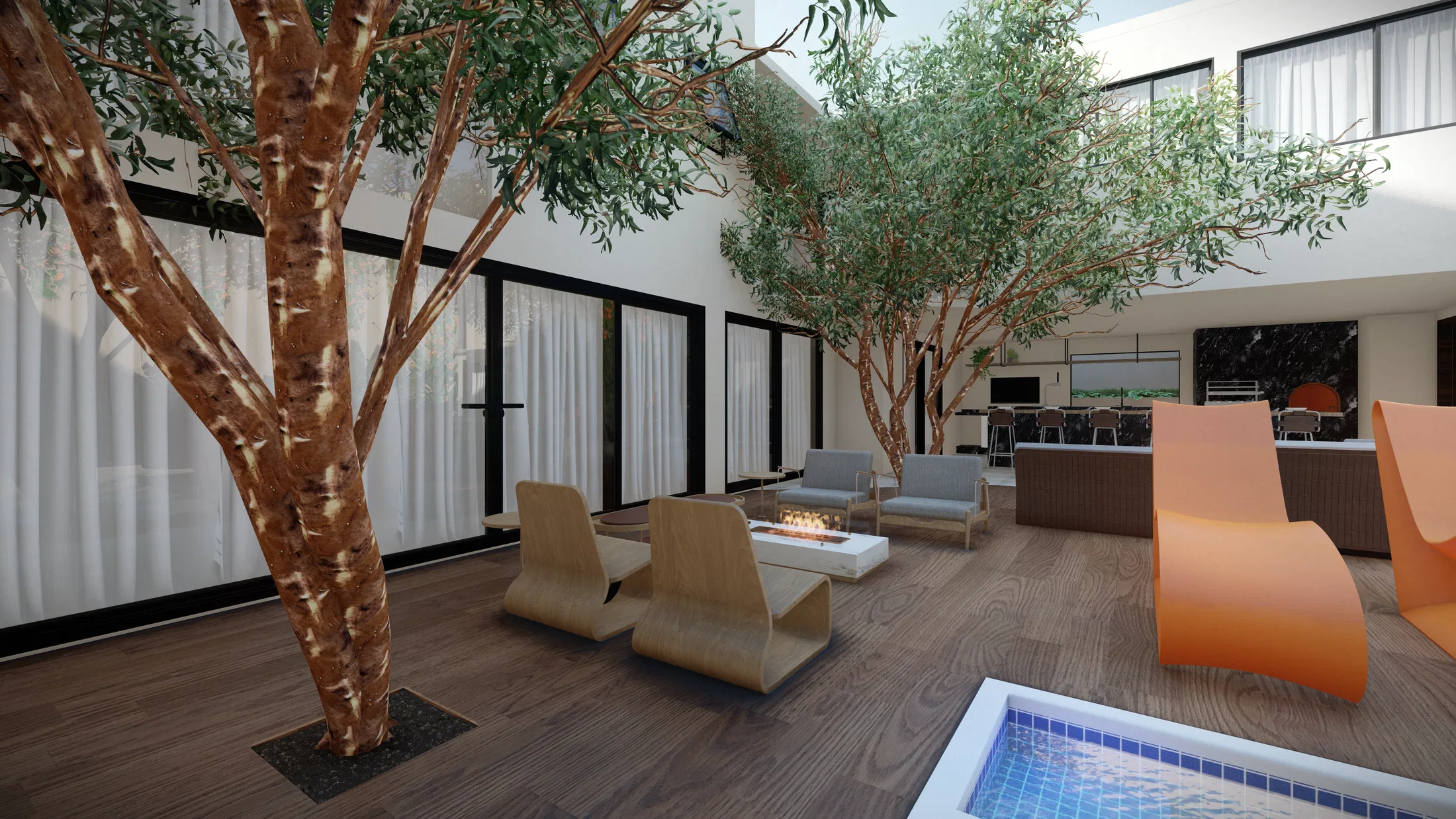 Covered courtyard with light-trunked indoor trees, wooden armchairs around a fire pit and a pool edge in the foreground