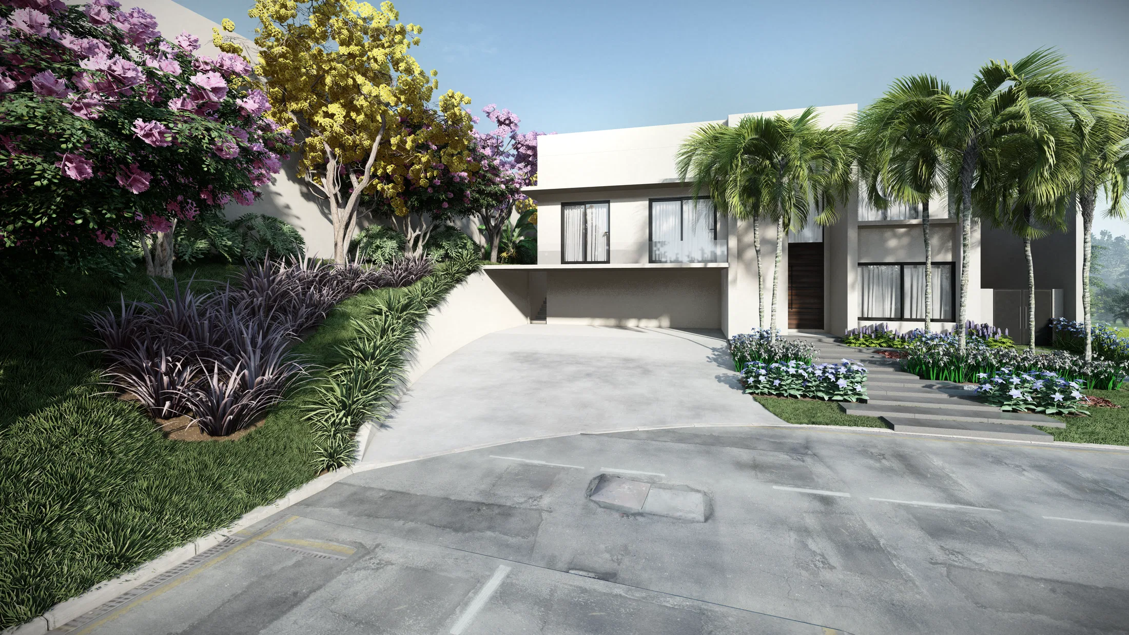 House facade viewed from the street, with purple and yellow flowering trees, entrance palms and planters by the front door