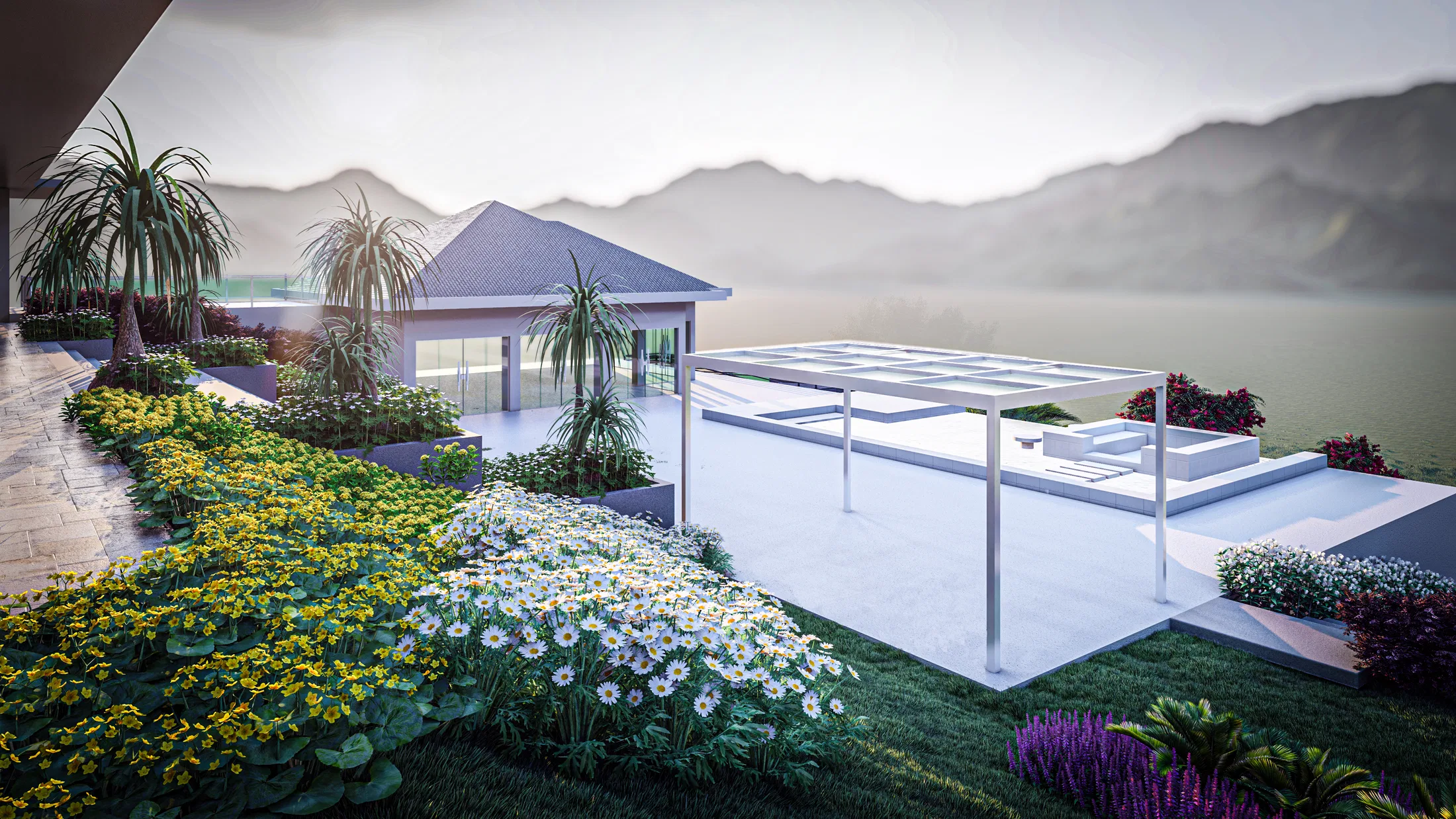 Panoramic terrace with a white pergola over a seating area, beds of yellow and white flowers and a deck opening to the valley and mountains