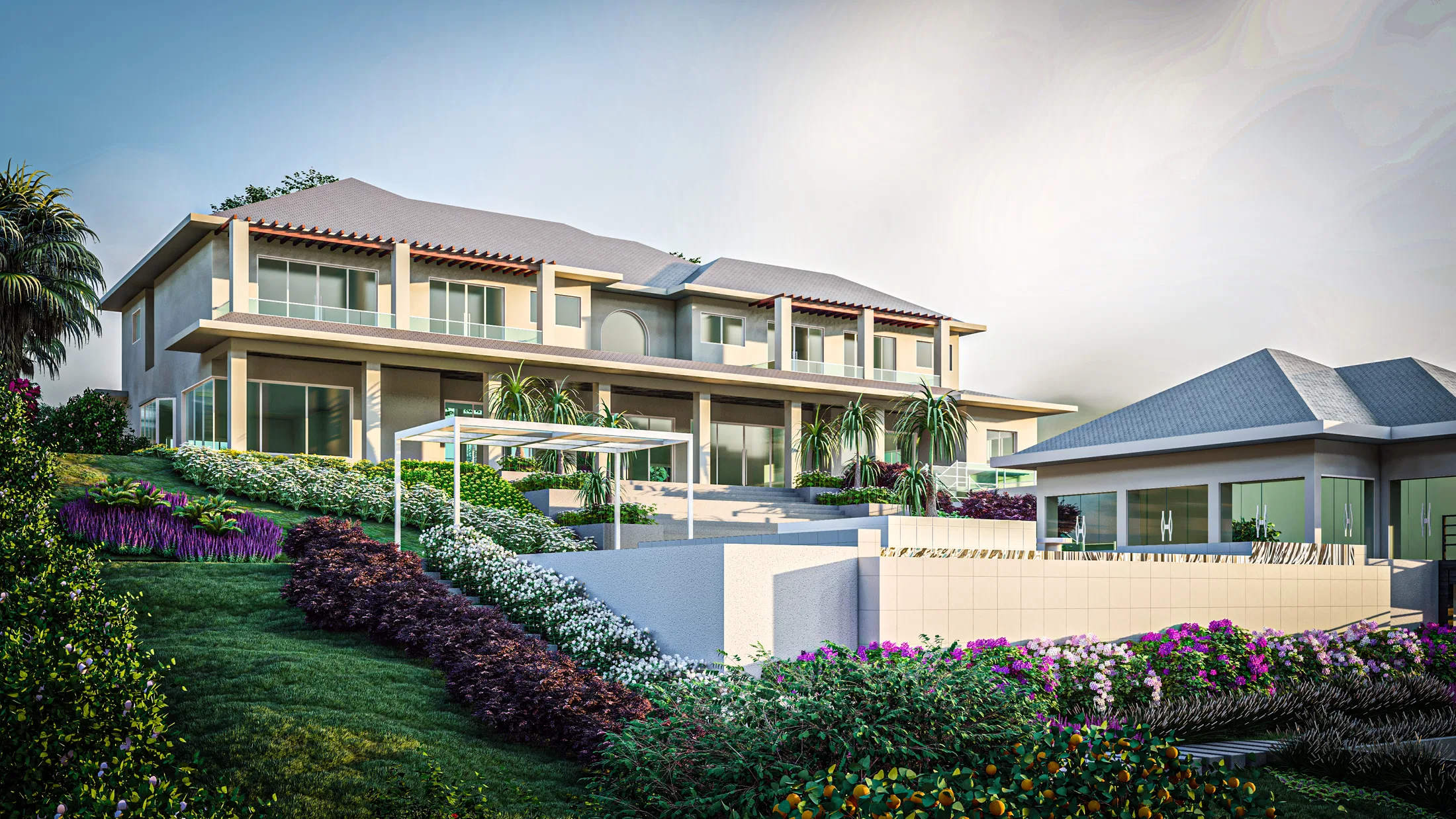 Multi-storey rear of the house, with banded purple and white planting, a white pergola on the terrace and a low-roofed pavilion alongside