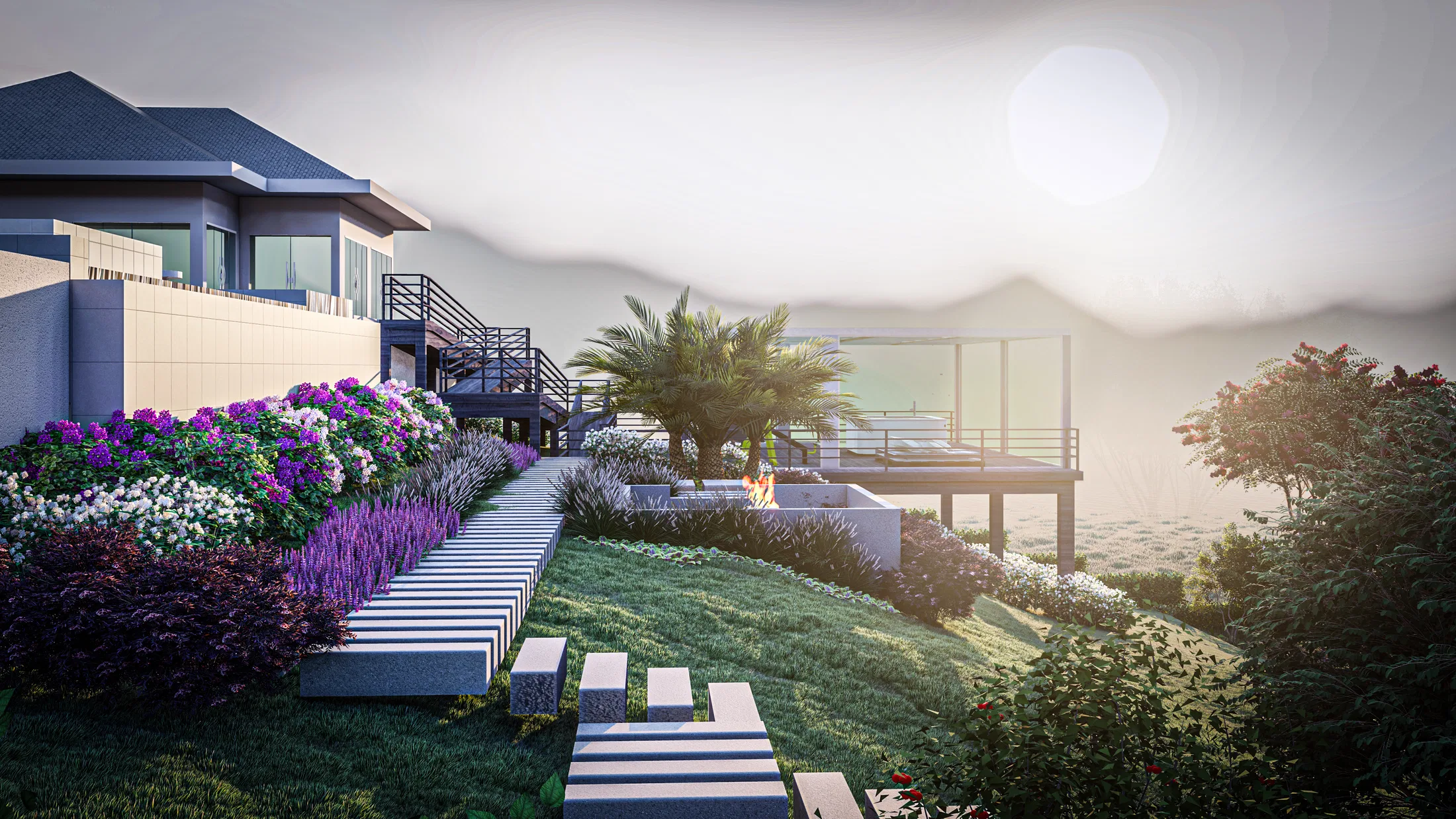 Concrete step path descending through purple and white hydrangea masses to a lounge with a lit fire pit, in misty dusk light