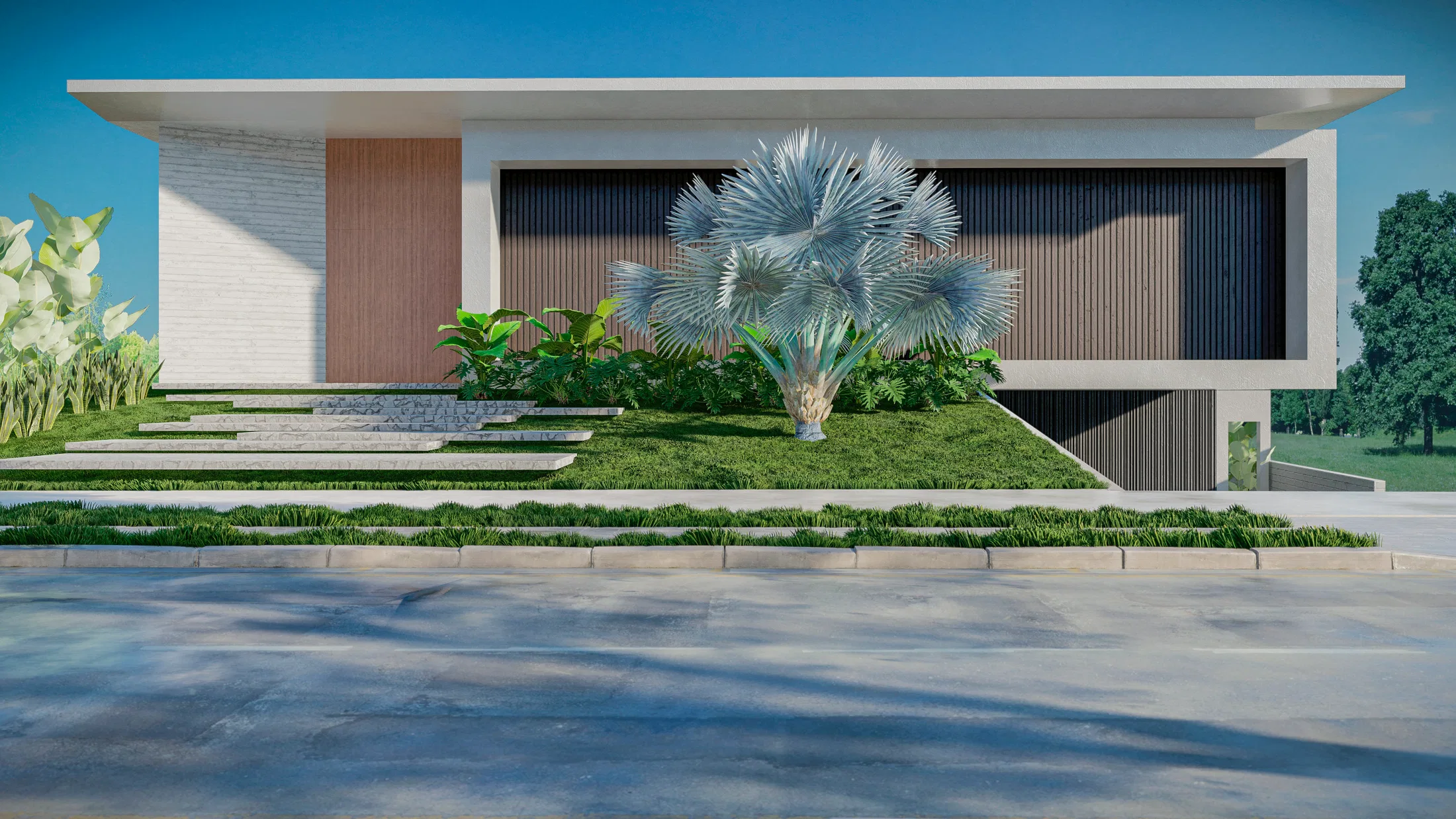 Front view of the house with a staggered stone-slab path crossing the lawn to the entrance, lined with green foliage.