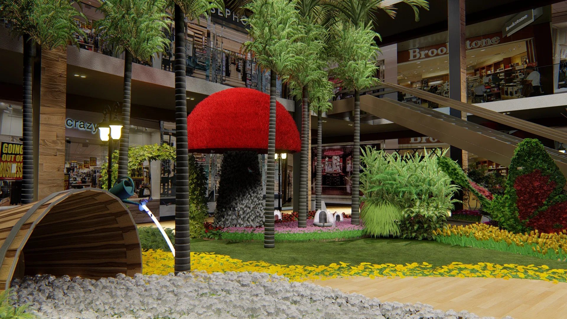 Themed installation with a red mushroom-shaped topiary, a timber tunnel with a water spout, yellow flower beds and shop windows around