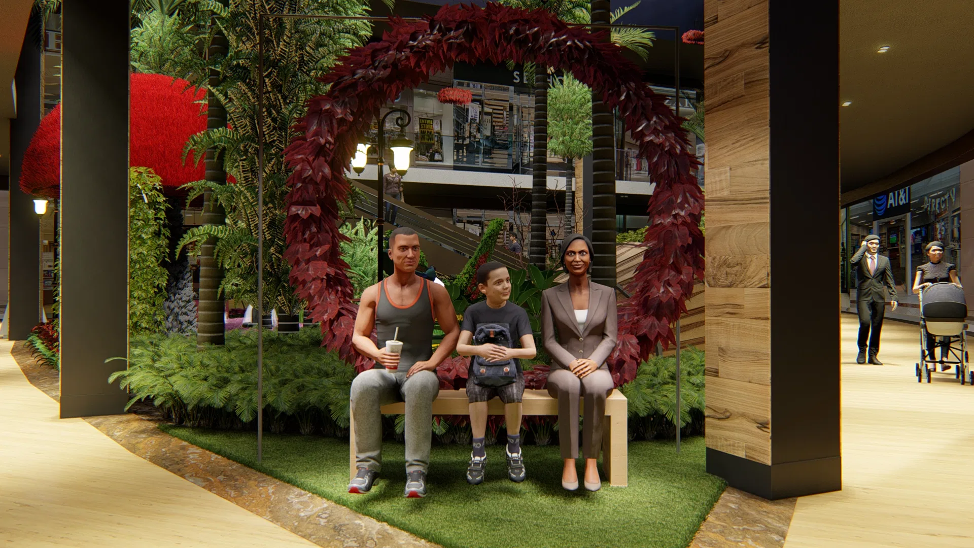 Heart-shaped red foliage frame over a timber bench where a family poses among ferns and topiaries, shops in the background