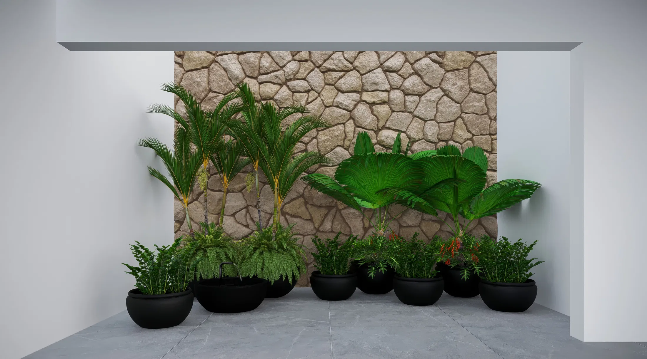 Entry composition with a rough-stone panel and a row of black bowl planters holding palms, ferns and small red flowers