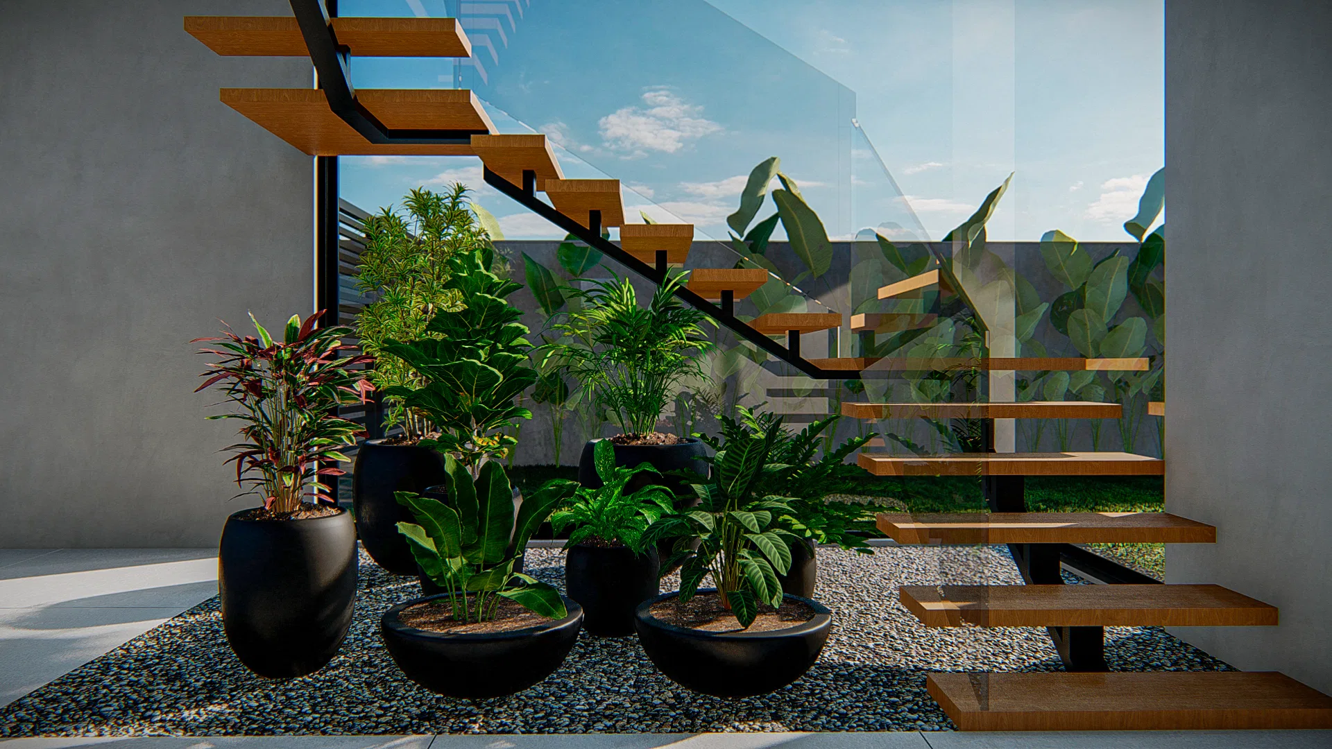Nook beneath a floating timber-and-steel staircase, with tropical plants in black pots on a gravel bed and a glass balustrade